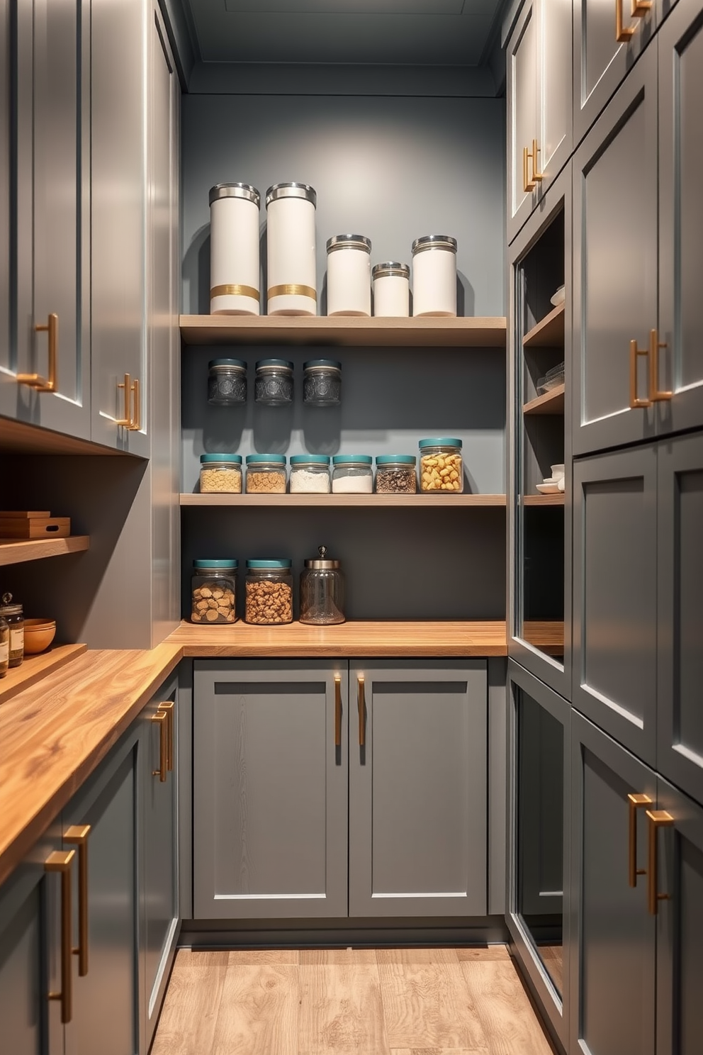 A modern pantry with muted teal accents creates a calming and stylish atmosphere. The cabinetry features sleek lines and a matte finish, complemented by brass hardware for a touch of elegance. Open shelving displays neatly organized jars and containers, enhancing both functionality and aesthetics. A rustic wooden countertop provides a warm contrast to the cool tones of the teal, making the space inviting and practical.