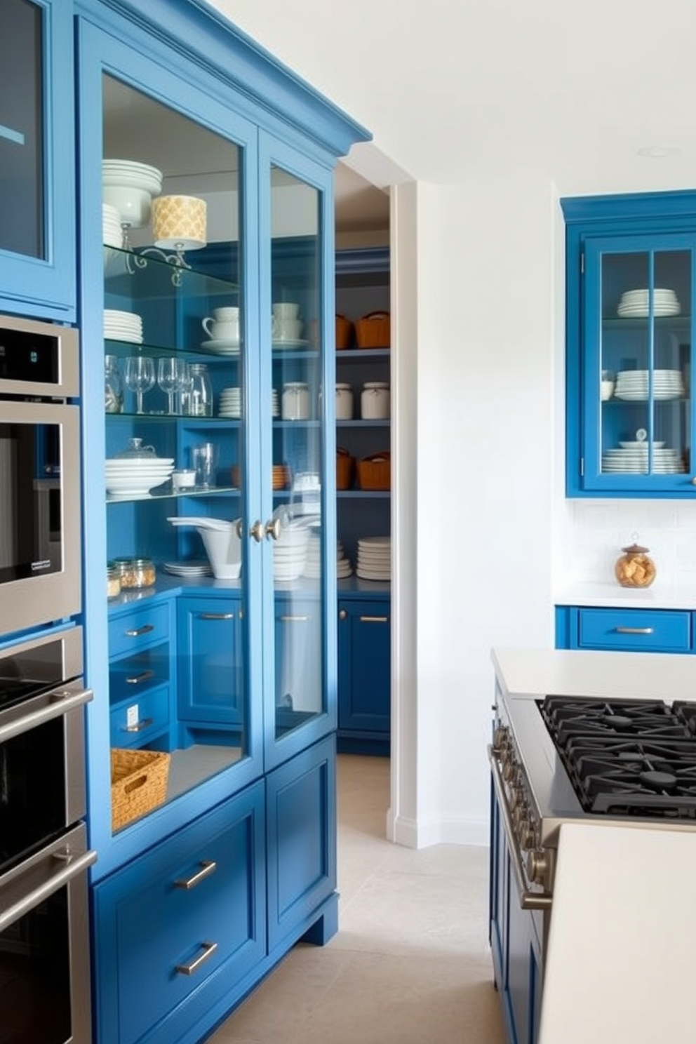 A stylish kitchen featuring glass-front blue cabinets that showcase an array of elegant dishware and decorative items. The cabinets are complemented by a sleek white countertop and modern stainless steel appliances, creating a harmonious balance of color and functionality. An inviting pantry design with blue cabinetry that provides ample storage space while maintaining an open and airy feel. The pantry includes organized shelves filled with jars and baskets, enhancing both aesthetics and practicality in the kitchen.