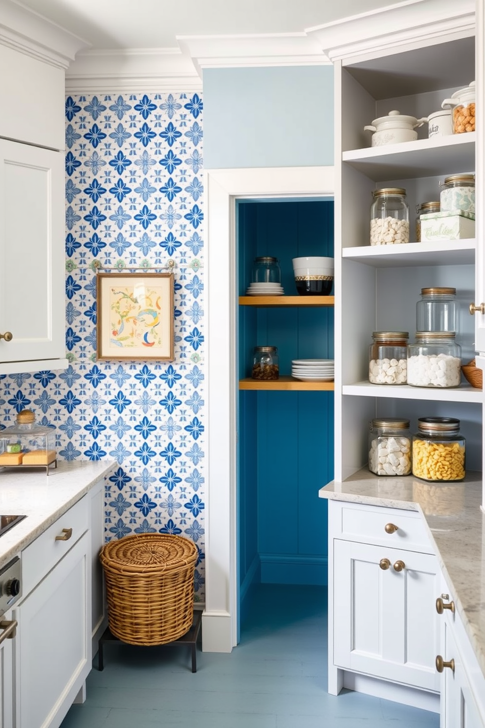 A charming kitchen featuring a blue and white tile backsplash that adds a fresh and vibrant touch. The cabinetry is a soft white, complementing the intricate tile patterns and enhancing the overall brightness of the space. A spacious blue pantry designed with open shelving and decorative glass jars for storage. The walls are painted a soothing light blue, creating a cohesive look that invites organization and style.