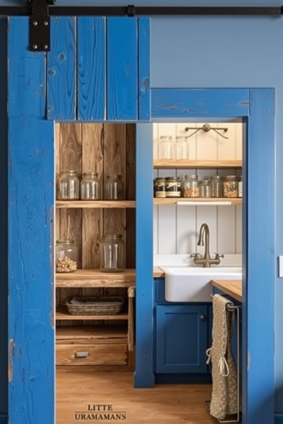 A rustic blue barn door adds charm and character to any farmhouse setting. It features distressed wood with a vibrant blue finish, complemented by wrought iron hardware. The blue pantry design incorporates open shelving made of reclaimed wood. It is accented with vintage glass jars and a farmhouse sink, creating a warm and inviting atmosphere.