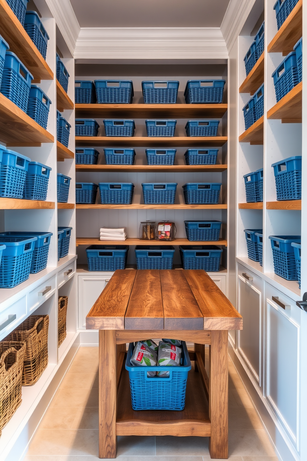 A stylish pantry featuring organized blue baskets for functional storage. The baskets are neatly arranged on wooden shelves, creating a cohesive look while maximizing space. The walls are painted in a soft white to enhance brightness, and the floor is adorned with light-colored tiles. A rustic wooden table is positioned in the center, providing additional workspace for meal prep and organization.