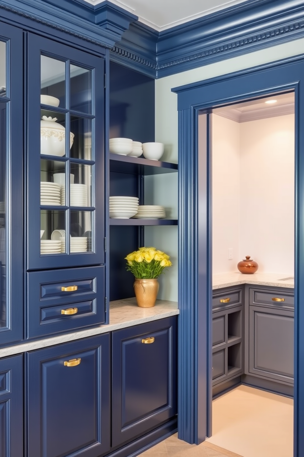 Elegant blue crown molding adds a touch of sophistication to any room. The intricate details and rich color elevate the overall aesthetic, creating a refined atmosphere. For blue pantry design ideas, envision a space with deep navy cabinetry and brass hardware. The pantry features open shelving to display beautiful dishware, complemented by a stylish backsplash in a light, contrasting hue.