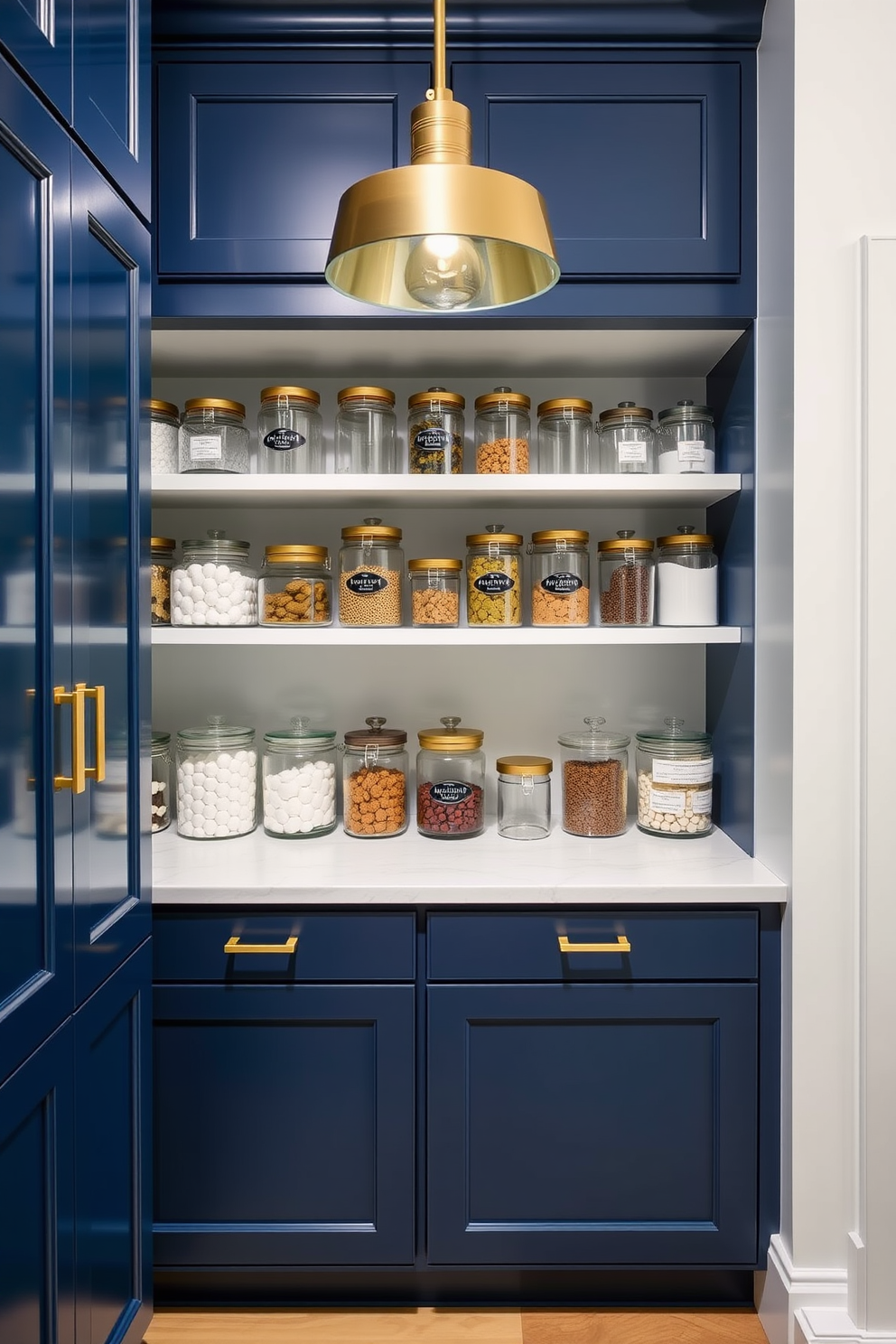 A chic pantry design featuring deep blue cabinetry with gold hardware accents that exude luxury. The shelves are neatly organized, showcasing an array of elegant glass jars and containers, while a stylish gold light fixture illuminates the space.