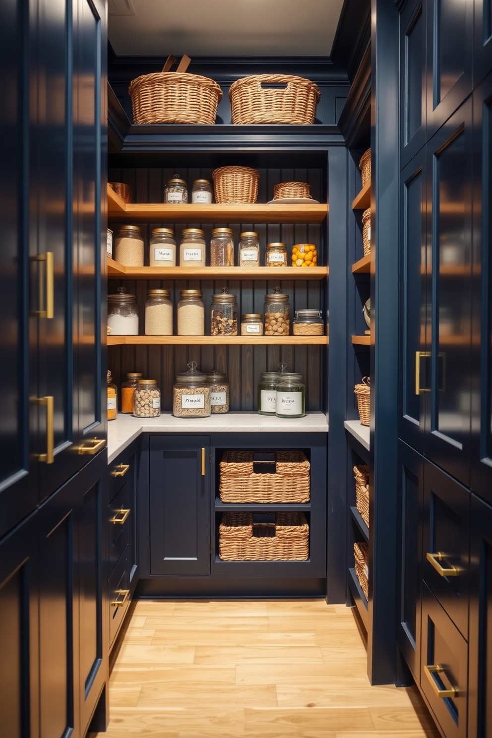 A cozy kitchen pantry featuring a navy blue color scheme complemented by warm wooden shelves. The space is organized with labeled glass jars and elegant baskets, creating a functional yet stylish atmosphere. Rich navy cabinets with brass hardware provide a striking contrast against the natural wood accents. Soft lighting highlights the textures, making the pantry both inviting and practical for everyday use.