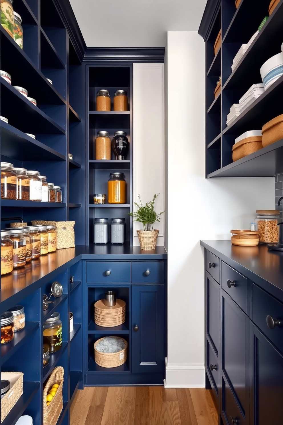 A striking blue pantry featuring deep navy shelves that create a dramatic contrast against the light-colored walls. The shelves are filled with neatly organized jars and containers, showcasing a blend of modern and rustic elements.