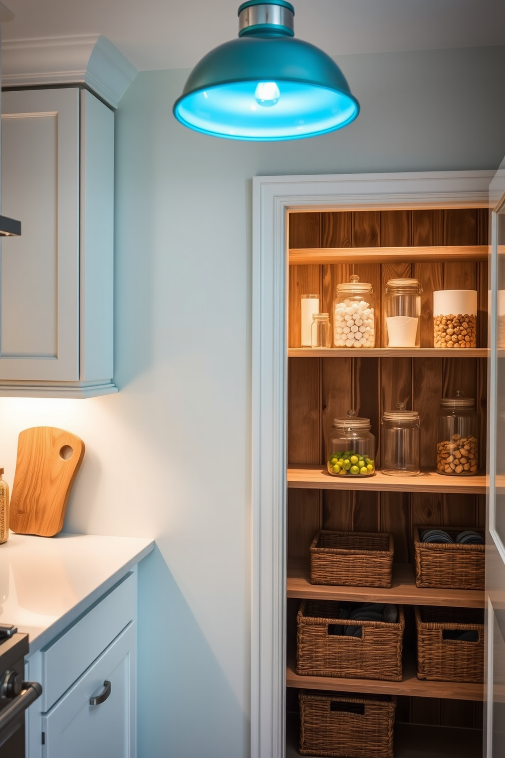 A cozy kitchen space featuring soft blue lighting fixtures that create a warm and inviting ambiance. The cabinetry is painted in a soft white, complementing the blue hues while providing a fresh and airy feel. The pantry showcases a clever design with open shelving made of reclaimed wood, providing ample storage for kitchen essentials. Elegant glass jars and woven baskets are neatly arranged, adding both functionality and style to the space.