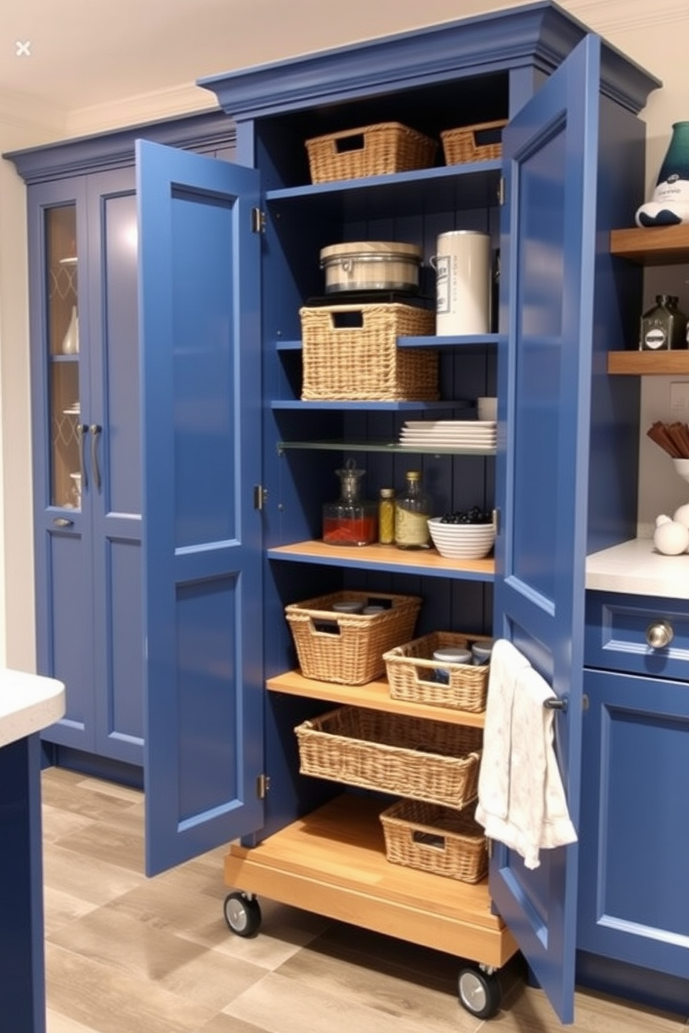 A stylish blue pantry cart designed for mobility features sleek wheels and multiple shelves for easy access to ingredients. The cart is adorned with elegant blue cabinetry that complements the overall kitchen decor, creating a cohesive and functional space. Incorporating open shelving and decorative baskets, the pantry cart enhances organization while adding a pop of color. The design includes a countertop surface perfect for meal prep, showcasing a blend of practicality and aesthetic appeal.