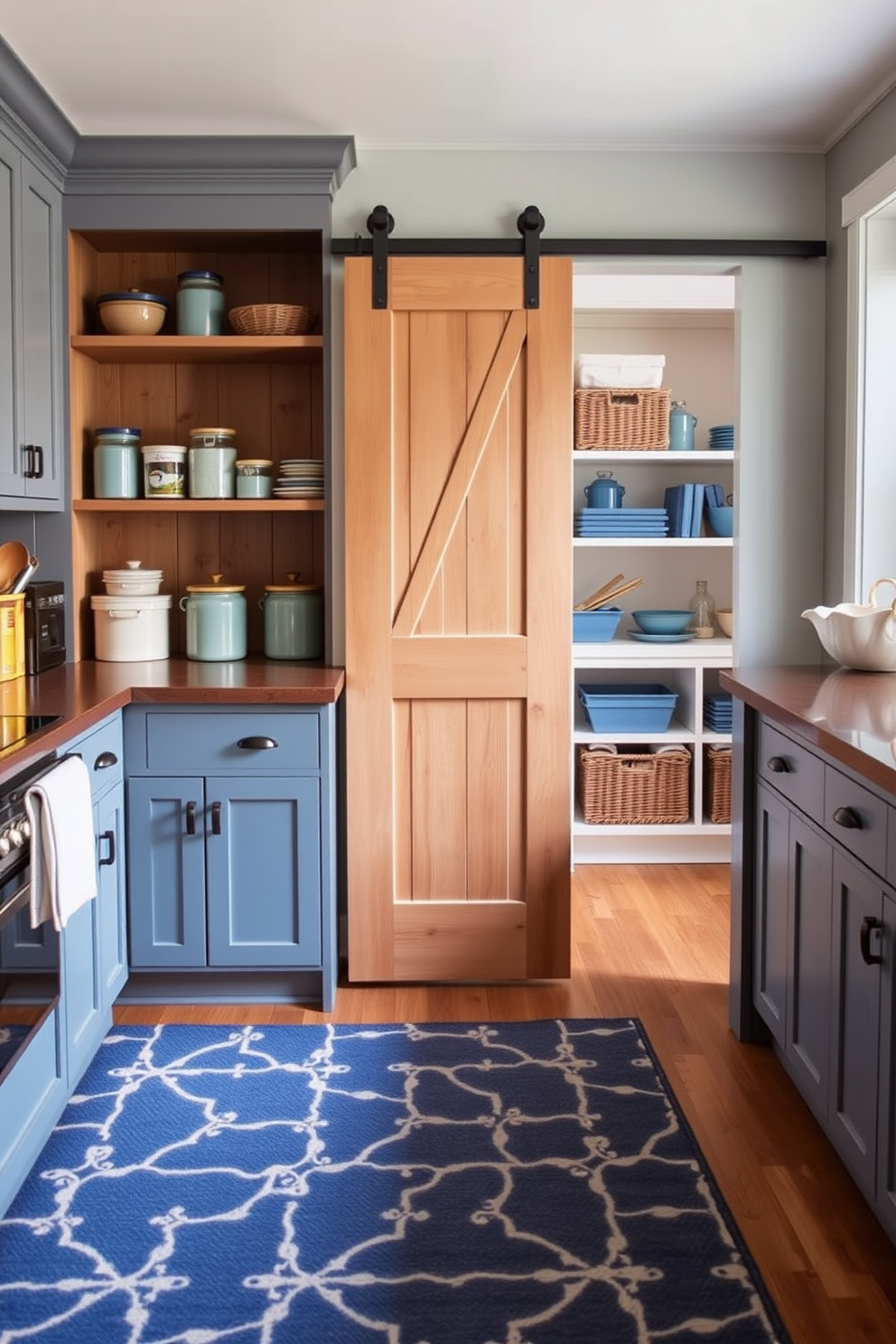 A cozy kitchen space featuring a blue patterned rug that adds warmth and texture to the room. The pantry is designed with open shelving, showcasing neatly organized jars and baskets in various shades of blue. The blue patterned rug complements the cabinetry, enhancing the overall aesthetic of the kitchen. The pantry area includes a sliding barn door, creating a rustic yet modern touch.