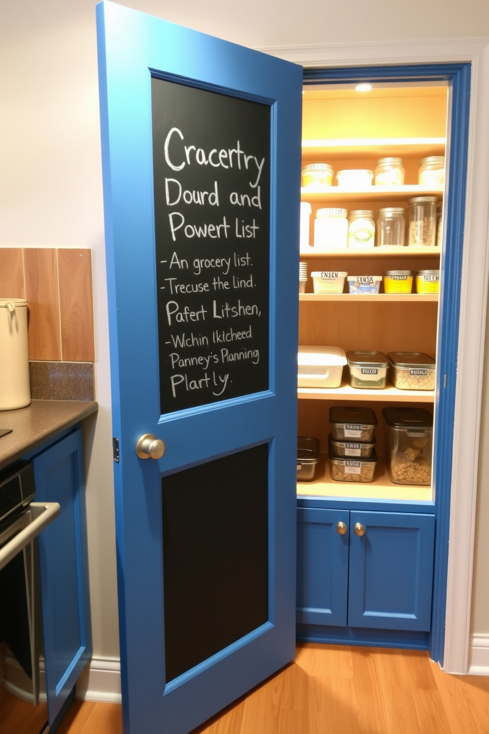 A blue pantry door is painted with chalkboard paint, creating a functional and playful element in the kitchen. The door serves as a canvas for grocery lists and meal planning, enhancing both style and utility. Inside the pantry, shelves are organized with clear containers and labeled jars, showcasing a neat and inviting space. The blue color of the door contrasts beautifully with the warm wood tones of the shelves, adding a pop of color to the overall design.