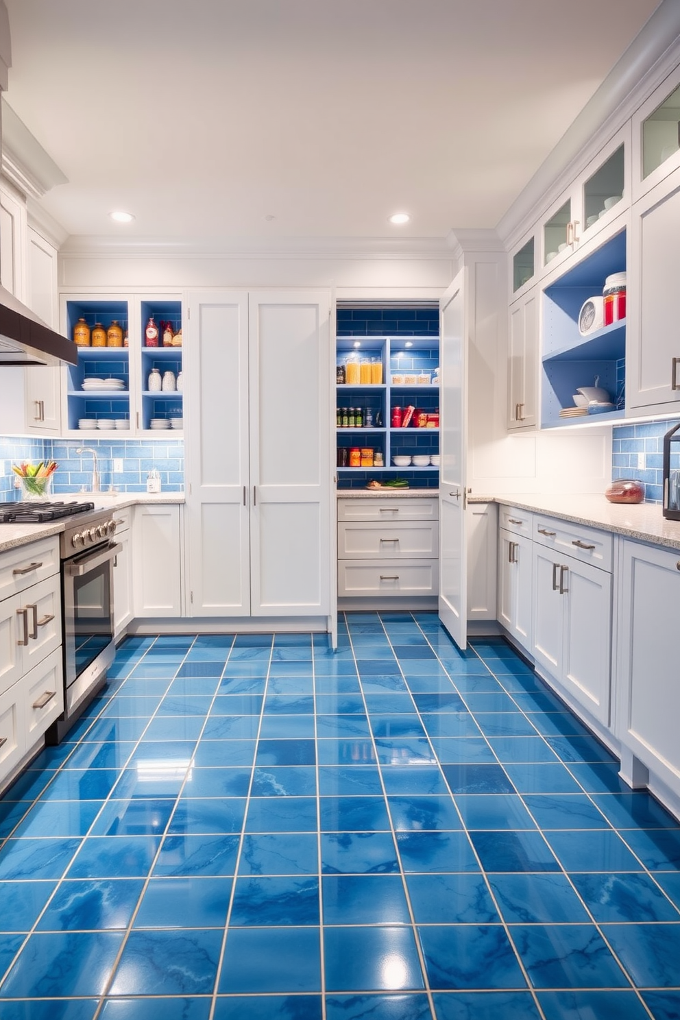 A spacious kitchen featuring a blue ceramic tile floor that adds durability and a pop of color. The cabinetry is a sleek white, contrasting beautifully with the blue tiles, and the pantry is designed with open shelving for easy access and organization. The blue pantry design incorporates a combination of closed cabinets and open shelves, creating a harmonious balance. Accent lighting highlights the pantry's contents while maintaining an inviting ambiance.