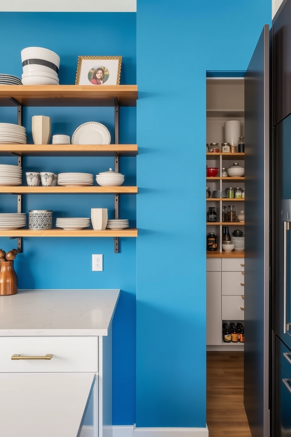 A striking blue accent wall serves as the focal point of a modern kitchen, complemented by open shelving that displays an array of stylish dishes and decorative items. The shelves are crafted from natural wood, adding warmth and texture to the vibrant blue backdrop. In the pantry, sleek cabinetry features a mix of open and closed storage options, showcasing a thoughtful organization of pantry essentials. The design incorporates a small countertop area for meal prep, enhancing both functionality and aesthetics in the space.