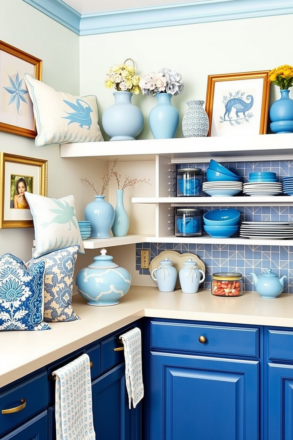 Whimsical blue decor items create a playful atmosphere in the room. Various shades of blue are used in decorative pillows, vases, and wall art to add character and charm. The blue pantry design features open shelving with blue ceramic dishes and glass jars. A patterned blue backsplash complements the cabinetry, creating a cohesive and inviting space.