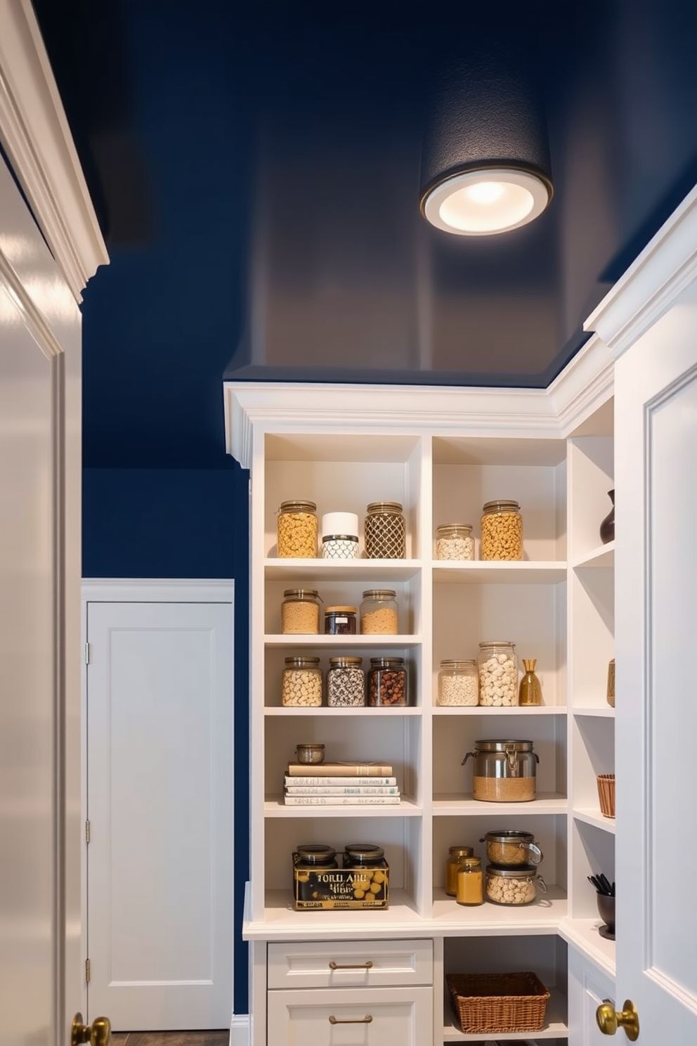 A navy painted ceiling adds a unique twist to the overall design of the space. The pantry features open shelving with a mix of decorative jars and functional storage, creating an inviting atmosphere. The cabinetry is a crisp white, contrasting beautifully with the deep blue overhead. Soft lighting fixtures are strategically placed to enhance the rich tones of the ceiling and highlight the pantry's stylish organization.