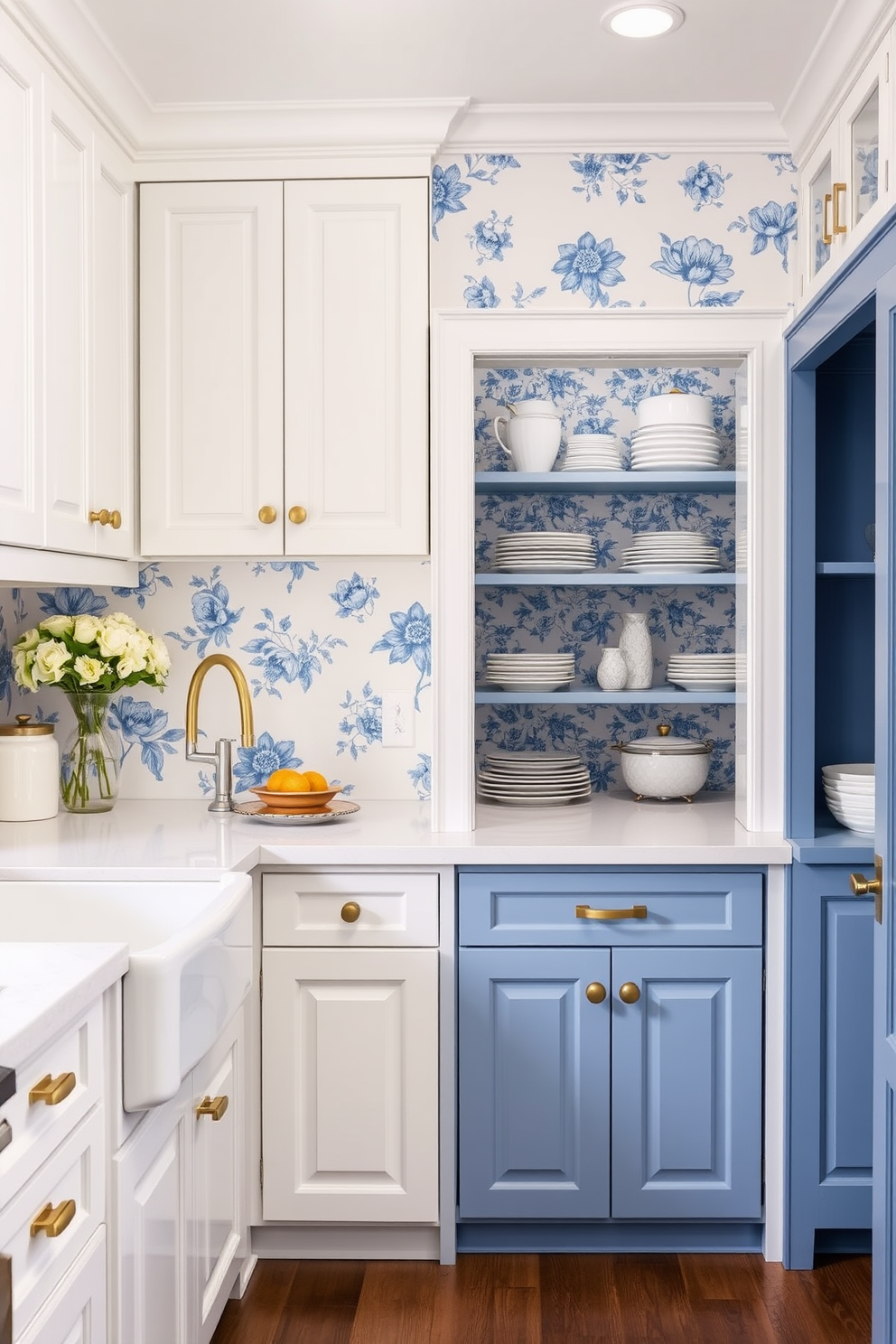 A charming kitchen space adorned with blue floral prints on the walls, creating a soft and feminine atmosphere. The cabinetry features elegant white finishes, complemented by brass hardware and a large farmhouse sink. A stylish pantry designed with blue cabinetry, showcasing intricate floral patterns that add a touch of elegance. The pantry includes open shelving for displaying beautiful dishware and ample storage for kitchen essentials.