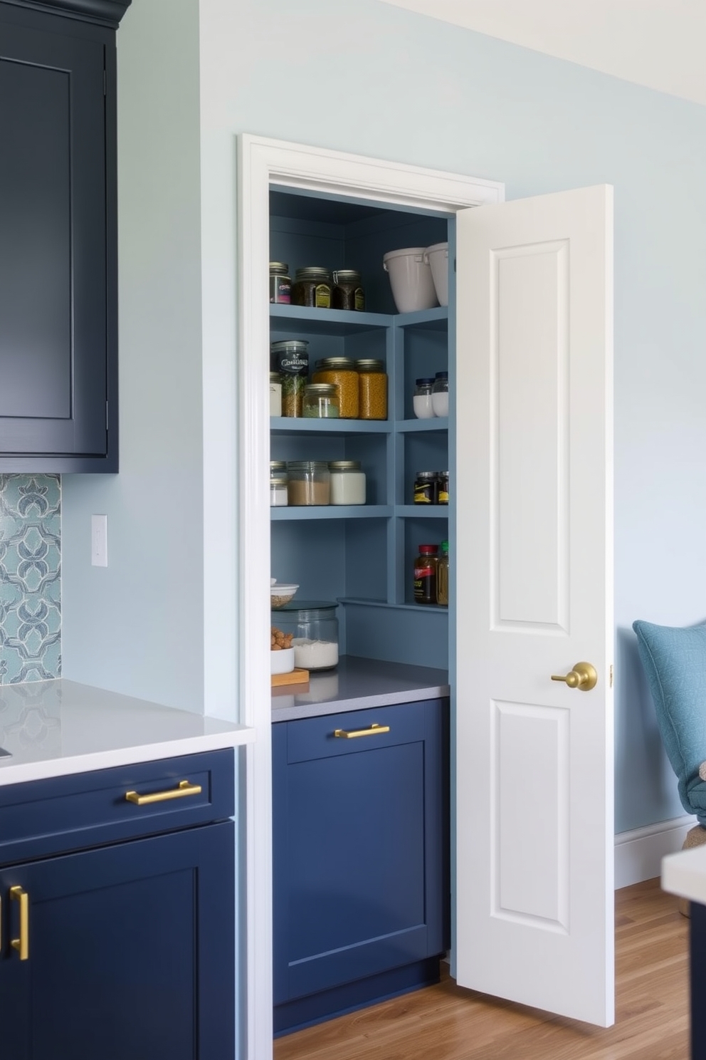 A serene kitchen setting featuring a monochromatic blue color scheme that creates a cohesive look. The cabinetry is a deep navy blue with sleek gold hardware, and the walls are painted in a soft powder blue to enhance the tranquil atmosphere. The pantry showcases open shelving in a matching blue hue, displaying neatly arranged jars and containers. A stylish blue and white patterned tile backsplash adds a touch of elegance while complementing the overall design.