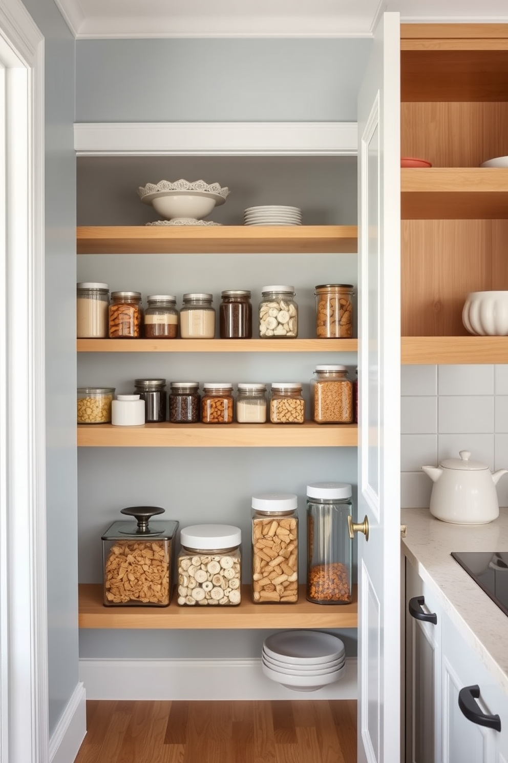 Soft pastel blue walls create a calming effect that enhances the overall ambiance of the kitchen. The pantry features open shelving made of natural wood, displaying neatly organized jars and chic storage containers.