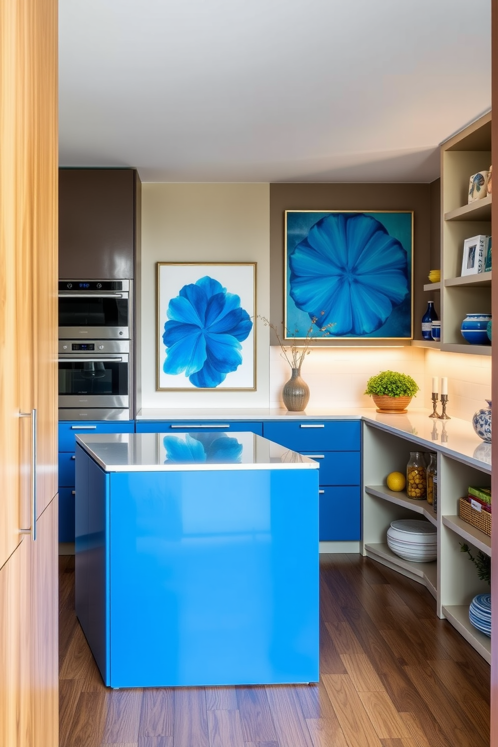 A modern kitchen featuring bold blue art pieces that serve as focal points on the walls. The art is complemented by sleek cabinetry and a spacious island that enhances the overall aesthetic. A stylish pantry designed with a bold blue color scheme that creates a vibrant and inviting atmosphere. The pantry includes open shelving for easy access to items and decorative elements that add personality.