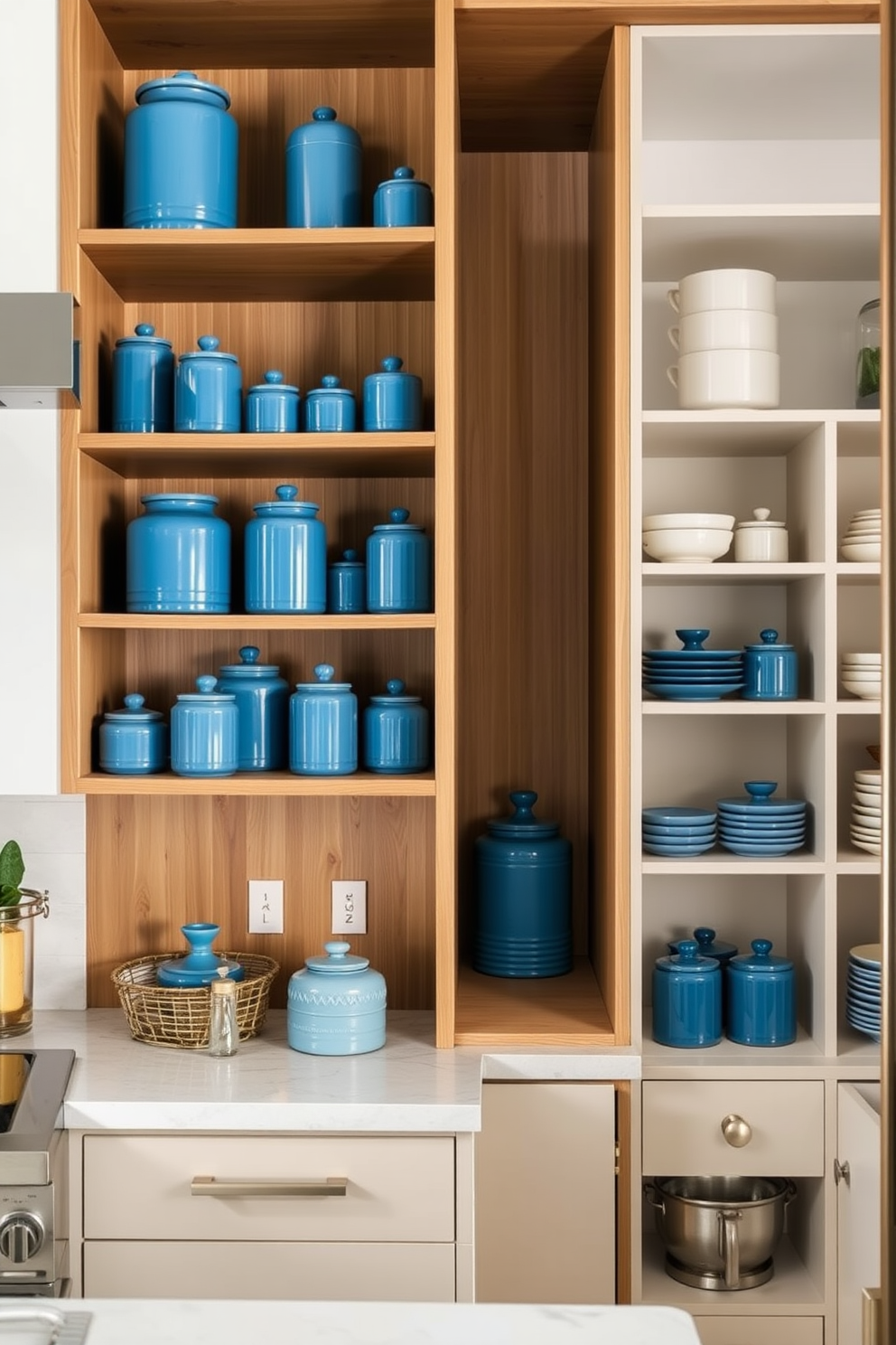 Open shelving displays an array of blue ceramic jars in varying sizes, creating a vibrant focal point in the kitchen. The jars are neatly arranged, showcasing their unique shapes and textures against a backdrop of warm wood tones. The pantry features a sleek design with clean lines and modern finishes, enhancing the overall aesthetic of the space. Ample storage is provided while maintaining an open and airy feel, inviting creativity in organization and display.