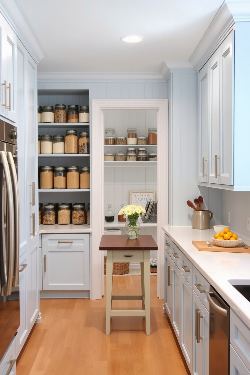 A bright and airy kitchen featuring light blue beadboard cabinets that create a fresh and inviting atmosphere. The cabinetry is complemented by white quartz countertops and brushed nickel hardware, enhancing the overall aesthetic. In the pantry area, open shelving displays neatly arranged glass jars filled with dry goods, adding both functionality and charm. A small farmhouse table sits in the center, providing a cozy spot for meal prep and casual dining.