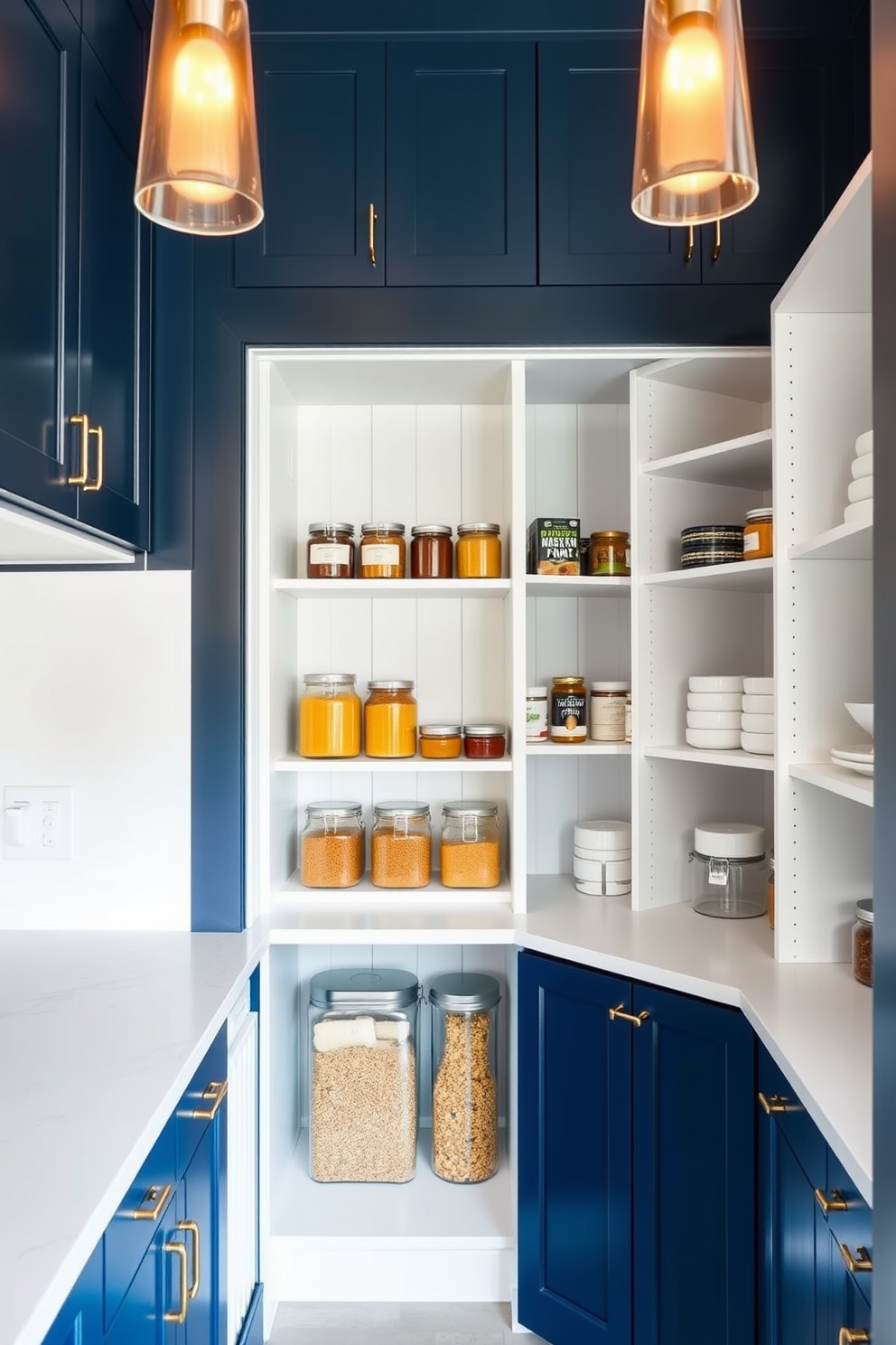 A stylish two-tone pantry featuring navy blue cabinetry contrasted with crisp white shelving. The space is illuminated by warm pendant lights, highlighting the organized rows of jars and containers.