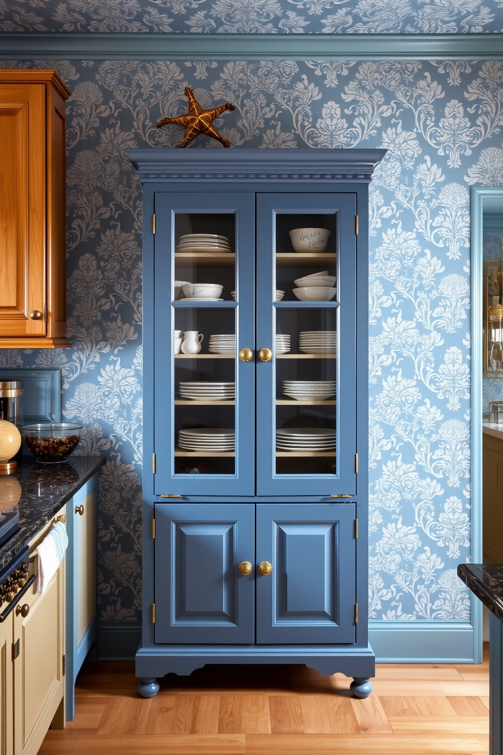 A charming kitchen adorned with vintage blue wallpaper that evokes a sense of nostalgia. The wallpaper features intricate floral patterns that complement the warm wooden cabinetry. In the center of the kitchen, a spacious blue pantry stands out with glass-front doors showcasing neatly organized shelves. The pantry is accented with brass hardware and decorative elements that enhance its vintage appeal.