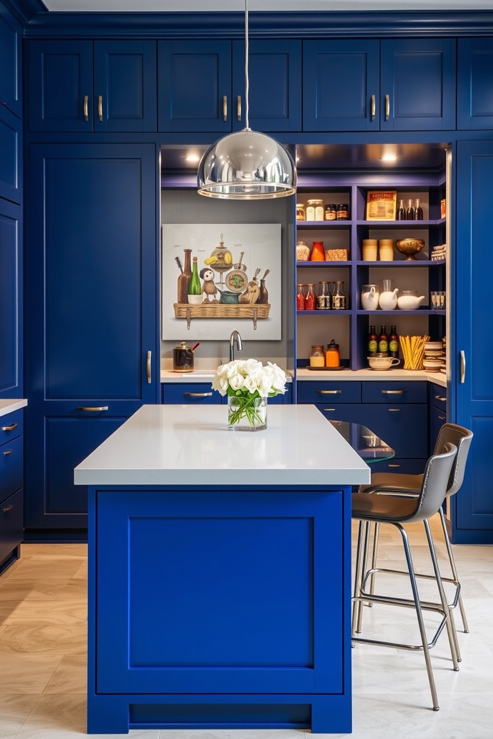 A bold blue kitchen island serves as the centerpiece, featuring ample storage solutions beneath its sleek surface. Surrounding the island are stylish bar stools that complement the vibrant color, creating a welcoming atmosphere for gatherings. The pantry design showcases deep blue cabinetry with organized shelving, maximizing space for ingredients and kitchenware. Soft lighting illuminates the pantry, highlighting the rich hues and creating an inviting ambiance for culinary adventures.