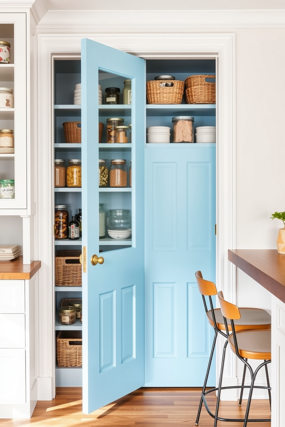 A sky blue pantry door adds a vibrant pop of color to the kitchen. The interior features open shelving filled with neatly organized jars and baskets, creating a cheerful and functional space. The walls are painted in soft white to enhance the brightness of the blue door. A wooden countertop provides ample workspace, complemented by stylish bar stools for a casual dining area.