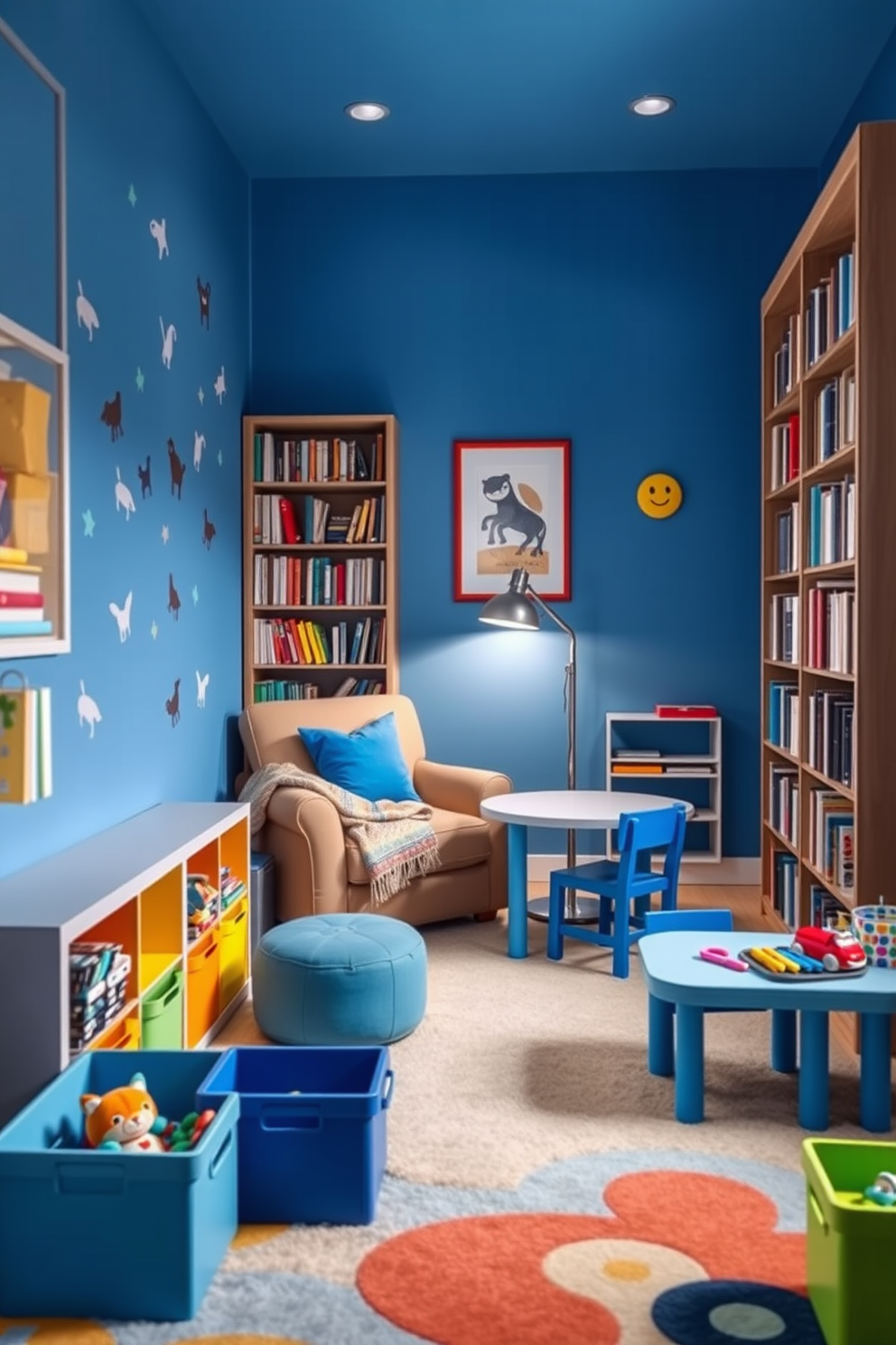 Cozy reading nook with blue cushions. A plush armchair is nestled in the corner, surrounded by tall bookshelves filled with colorful books. Soft blue cushions are scattered on the armchair and a small ottoman. A warm throw blanket drapes over the armchair, and a floor lamp provides gentle lighting. Blue Playroom Design Ideas. The room features vibrant blue walls adorned with playful wall decals of animals and stars. A large, soft area rug in complementary colors anchors the space, while various toys are neatly organized in colorful bins. A small table with chairs invites creative play and art activities.