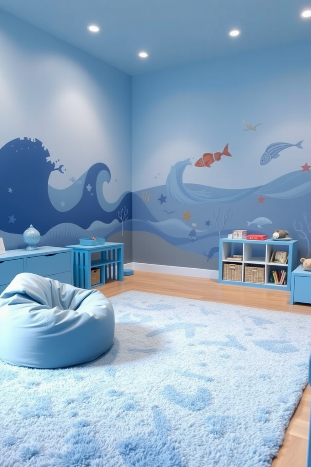 A serene ocean-themed playroom filled with shades of blue. The walls are painted a soft sky blue, and large ocean-themed murals depict waves and marine life. Bright blue furniture complements the decor, including a cozy bean bag chair and a low table for play activities. Soft, textured rugs in varying shades of blue cover the floor, creating a comfortable space for children to explore their creativity.