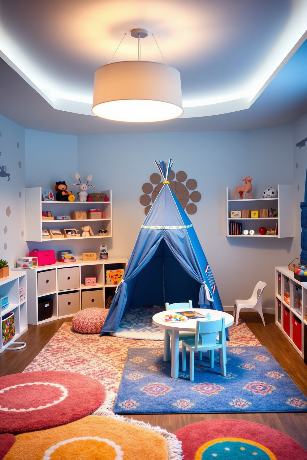 A cozy playroom featuring a blue play tent positioned in the center, surrounded by soft, colorful rugs. The walls are painted in a light blue hue, with playful wall decals and shelves filled with toys and books. Adjacent to the tent, a small table with chairs offers a space for arts and crafts activities. Soft lighting from a whimsical ceiling fixture creates a warm and inviting atmosphere for imaginative play.