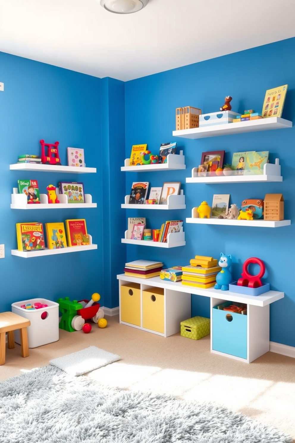 A playful playroom filled with energy and creativity. The walls are adorned with vibrant blue, creating a cheerful backdrop for wall-mounted shelves. The shelves are filled with colorful toys and books, easily accessible for children. A soft, plush rug in a contrasting color lies on the floor, inviting play and comfort.