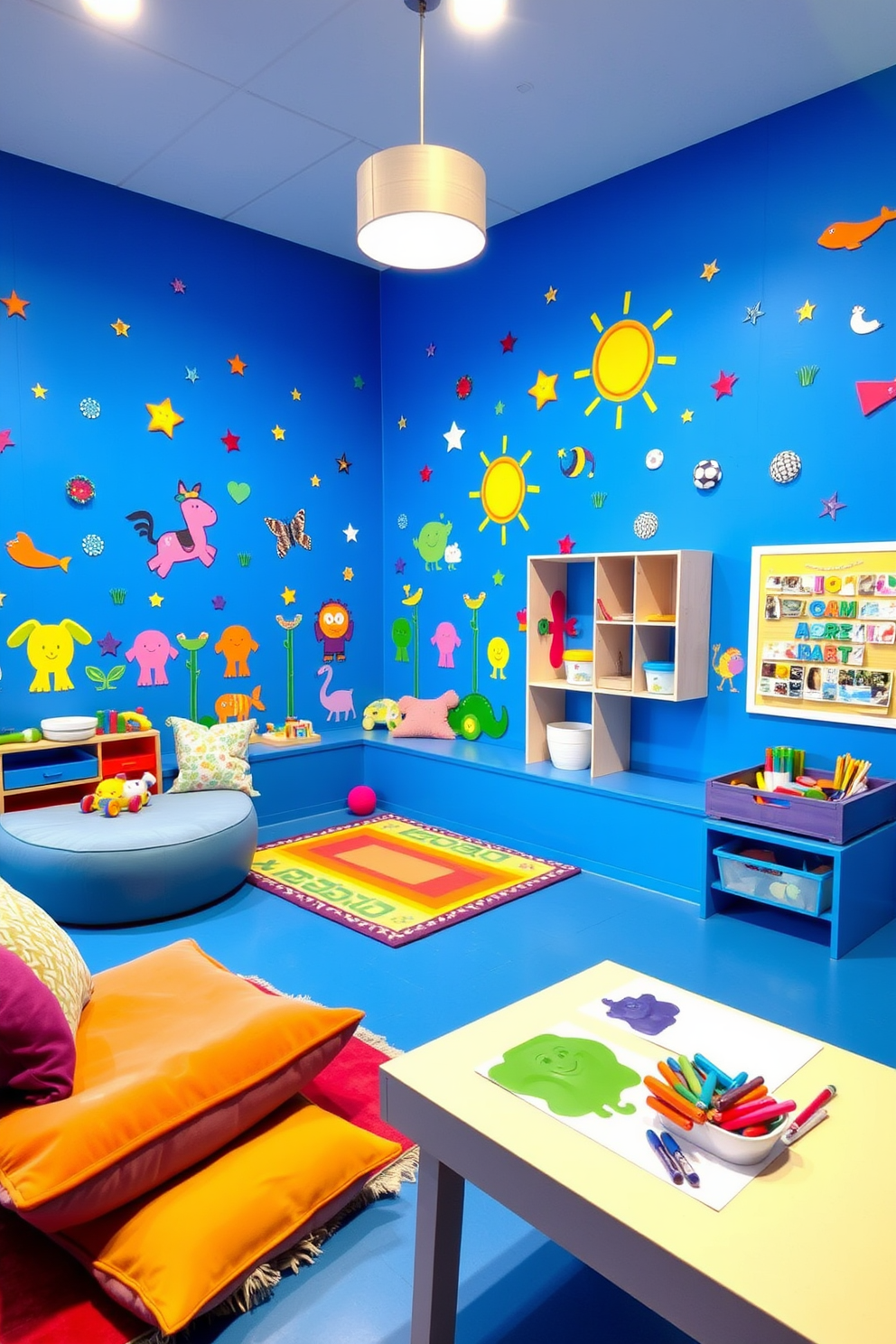 Colorful wall decals adorn a vibrant blue background, creating a playful and inviting atmosphere. The room is filled with soft, plush seating and a variety of toys, encouraging creativity and fun. Brightly colored rugs and cushions add warmth to the space, complementing the blue walls. A dedicated art station with supplies invites children to express their artistic talents.