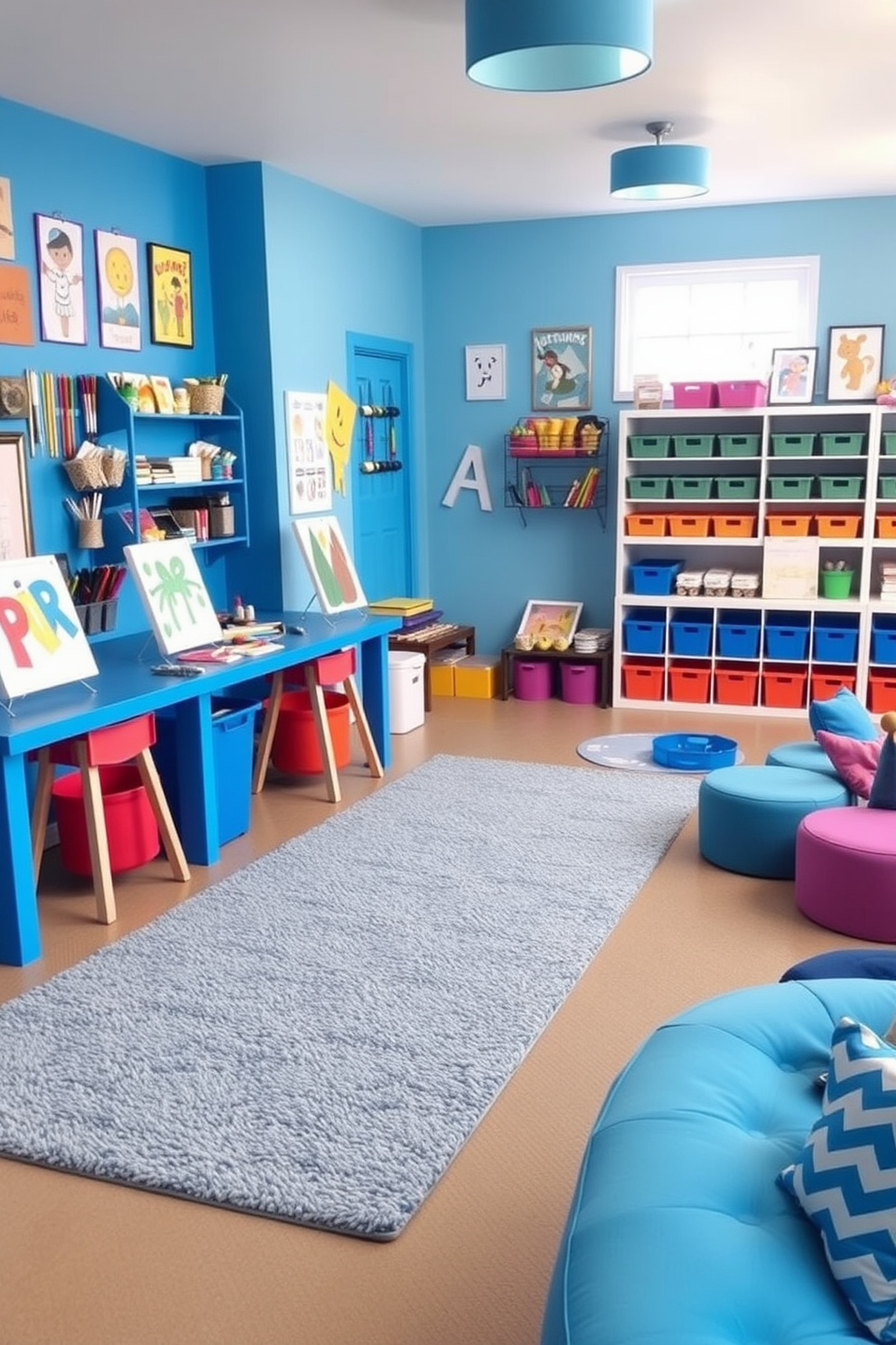 A vibrant blue art station is filled with easels and an array of colorful art supplies. The walls are adorned with playful artwork and the floor is covered with a soft, textured rug in coordinating shades of blue. The playroom features a whimsical design with blue accents throughout. Brightly colored storage bins and plush seating create a fun and inviting environment for children to explore their creativity.