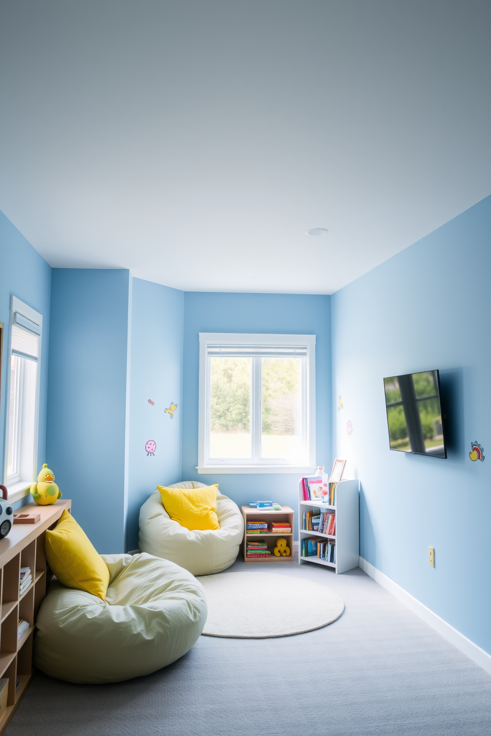 A playroom with soft blue walls that create a calming atmosphere. Colorful accents such as bright yellow cushions and playful wall decals add a fun touch to the space. A cozy reading nook is nestled in one corner with a plush bean bag chair and a small bookshelf filled with children's books. A large window allows natural light to flood the room, enhancing the cheerful and inviting environment.