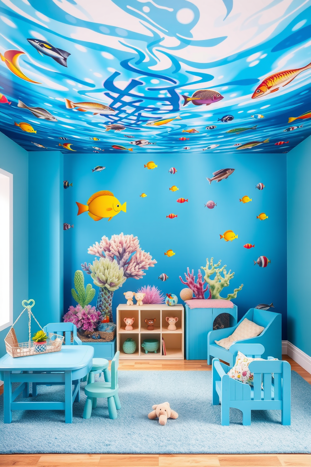 Under-the-sea mural for creative inspiration. The mural features vibrant marine life, including colorful fish, coral reefs, and gentle waves, creating an immersive underwater experience. Blue playroom design ideas. The room is filled with soft blue walls, playful furniture in various shades of blue, and ocean-themed decor, fostering a fun and imaginative environment for children.