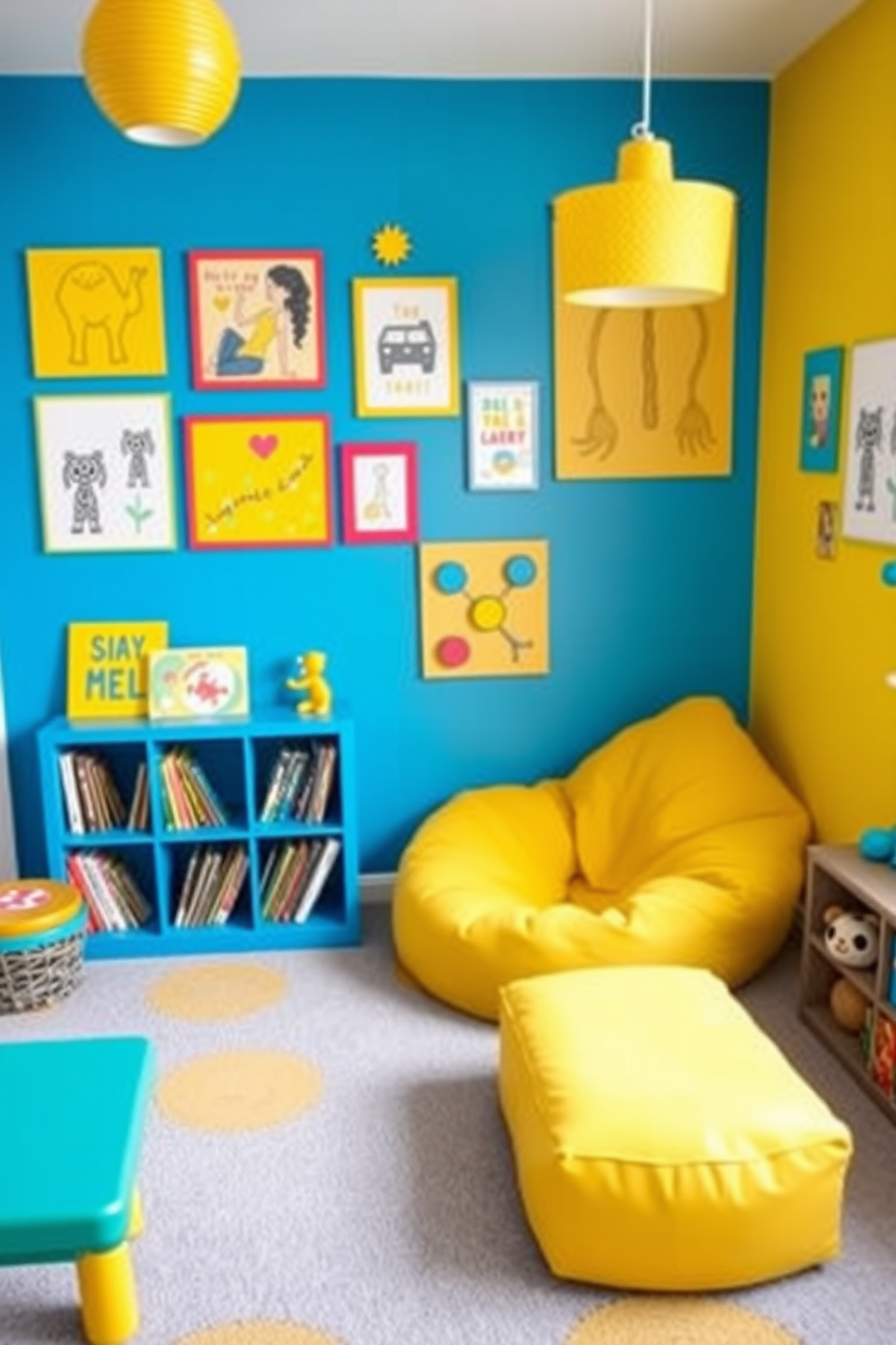 A vibrant playroom filled with energy and creativity. The walls are painted in a bright blue hue, while yellow accents are incorporated through playful furniture and decor. A cozy reading nook features a yellow bean bag chair and a low blue bookshelf filled with colorful books. Bright artwork and playful patterns adorn the walls, creating an inviting atmosphere for children to explore and play.