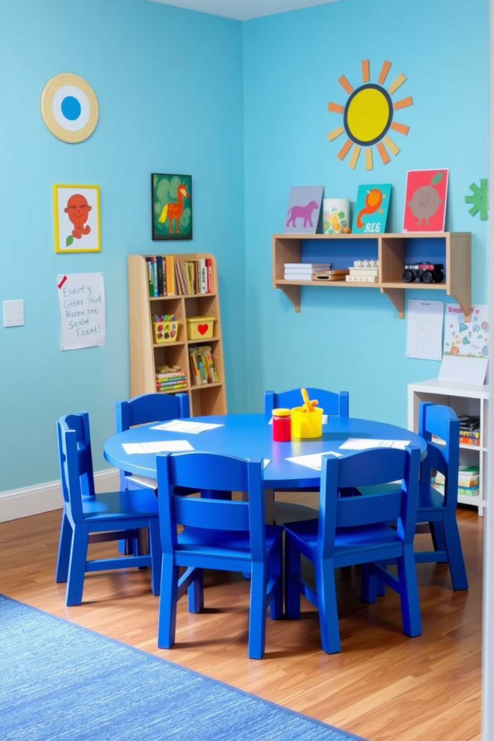 A vibrant playroom featuring a blue table surrounded by matching blue chairs designed for various activities. The walls are painted in a cheerful light blue, and colorful artwork adorns the space to inspire creativity and play.