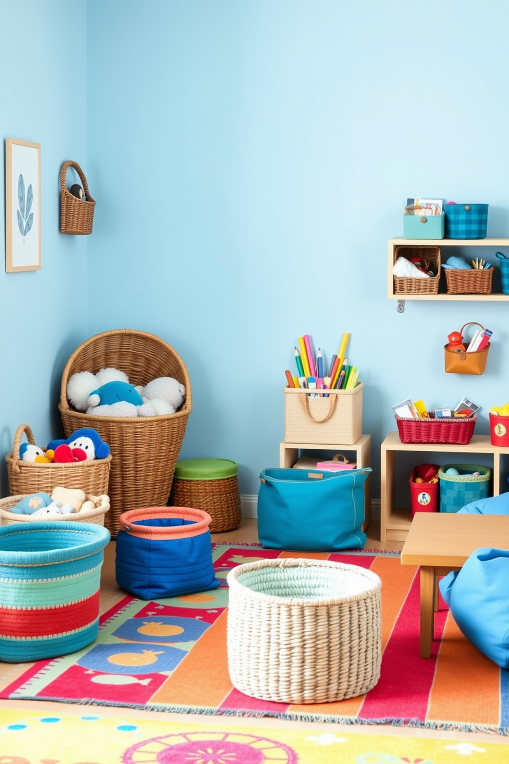 A vibrant playroom filled with baskets in various blue tones for organization. The walls are painted in a soft sky blue, and colorful rugs are scattered across the floor. In one corner, a large wicker basket holds plush toys, while smaller fabric baskets neatly store art supplies. Brightly colored furniture, including a low table and bean bags, creates an inviting space for play and creativity.