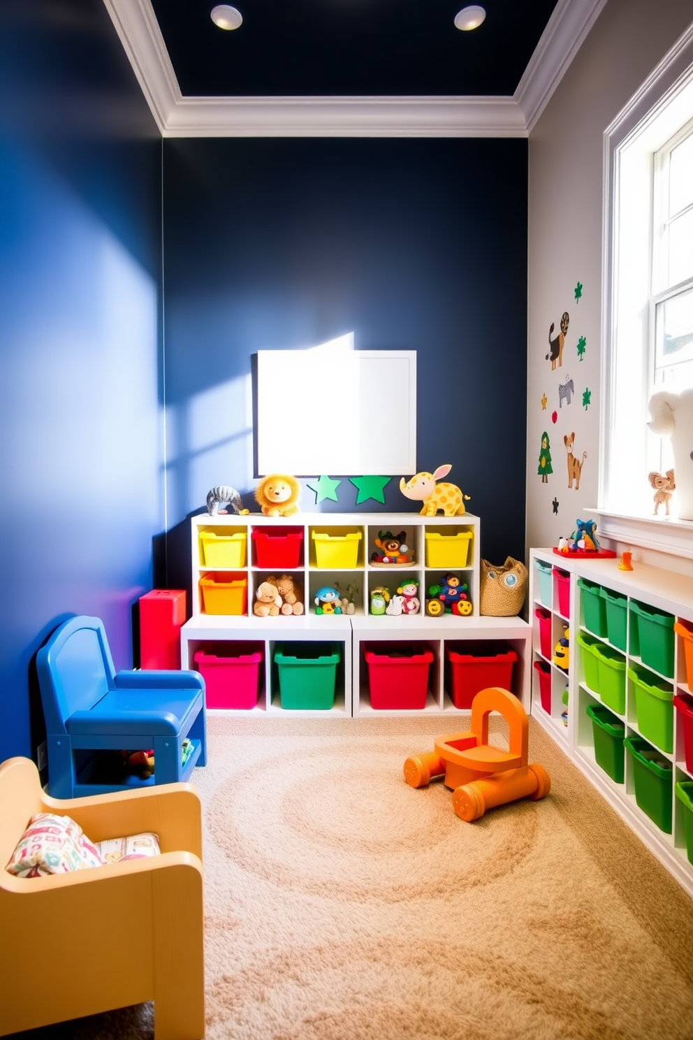 A navy blue accent wall creates a bold focal point in the playroom, complemented by crisp white trim that adds a touch of elegance. The space features playful furniture in bright colors, including a soft rug that invites children to sit and play comfortably. Brightly colored storage bins are arranged neatly along the wall, providing easy access to toys while keeping the room organized. Fun wall decals of animals and shapes enhance the playful atmosphere, making it an inviting space for creativity and learning.