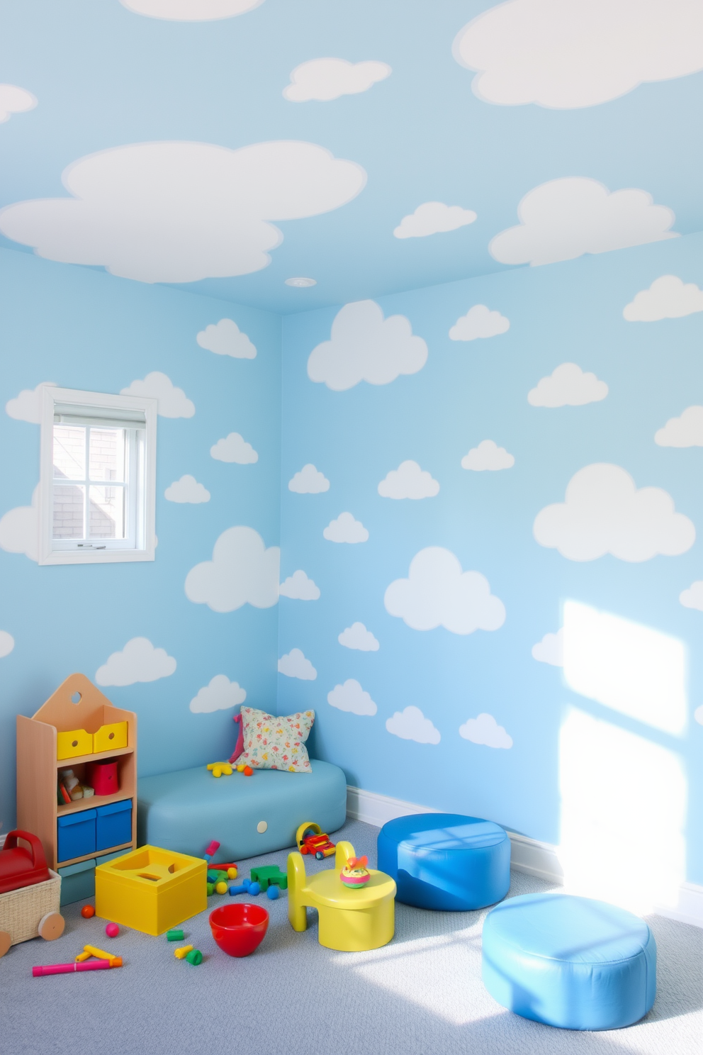 A bright and cheerful playroom featuring sky blue wallpaper adorned with soft cloud motifs. The space is filled with colorful toys and plush seating, creating an inviting atmosphere for children to play and learn.