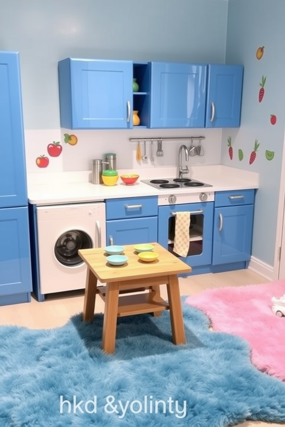 A bright blue play kitchen designed for imaginative role play. The cabinetry features a glossy finish with silver handles, and there is a small wooden table set with colorful toy dishes. The walls are adorned with playful decals of fruits and vegetables. Soft, plush rugs in contrasting colors provide a cozy area for children to sit and play.