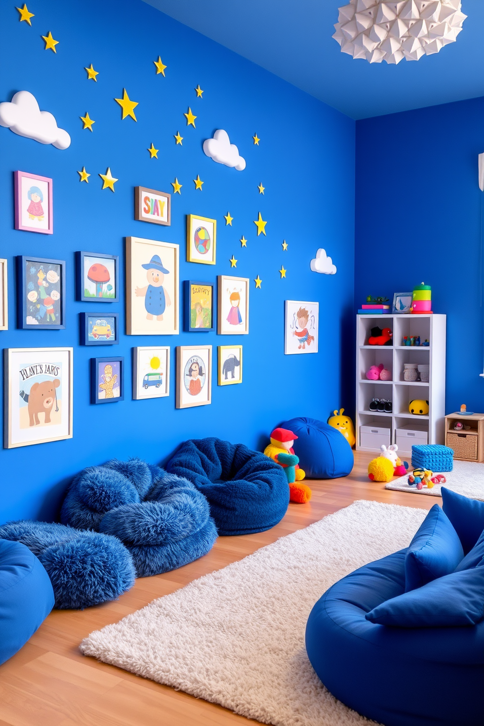 A vibrant blue-themed art gallery wall for kids featuring colorful framed artwork at various heights. The wall is adorned with playful decorations such as stars and clouds, creating an imaginative atmosphere. A spacious playroom designed in shades of blue with soft, plush rugs and bean bags. The room includes a variety of interactive toys and a small reading nook with blue cushions for a cozy touch.