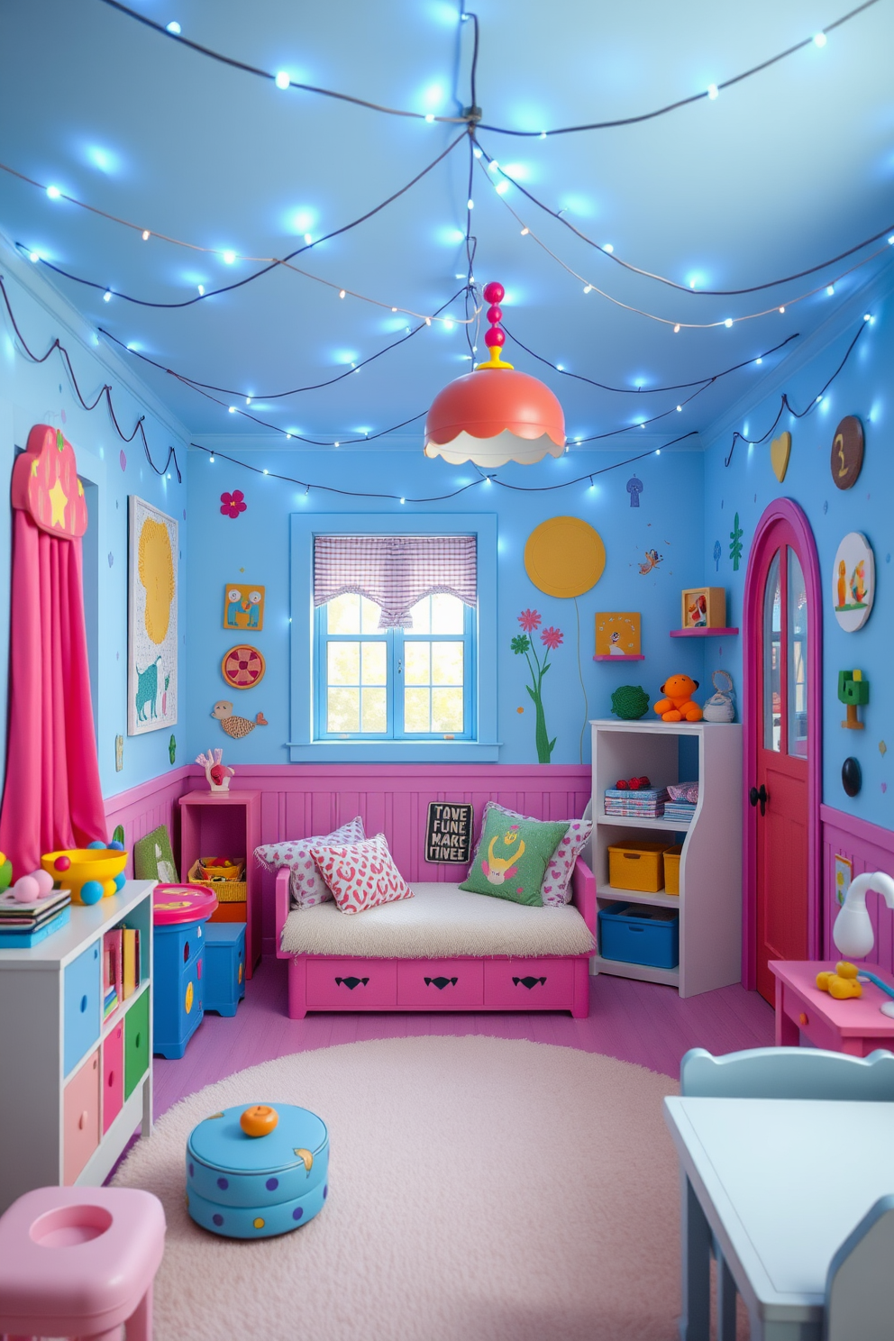 A whimsical playroom filled with vibrant colors and playful furniture. The walls are painted in a soft blue hue, adorned with colorful artwork and playful decals. Blue fairy lights twinkle gently across the ceiling, creating a magical atmosphere. A cozy reading nook with plush cushions and a small bookshelf invites children to explore their imagination.