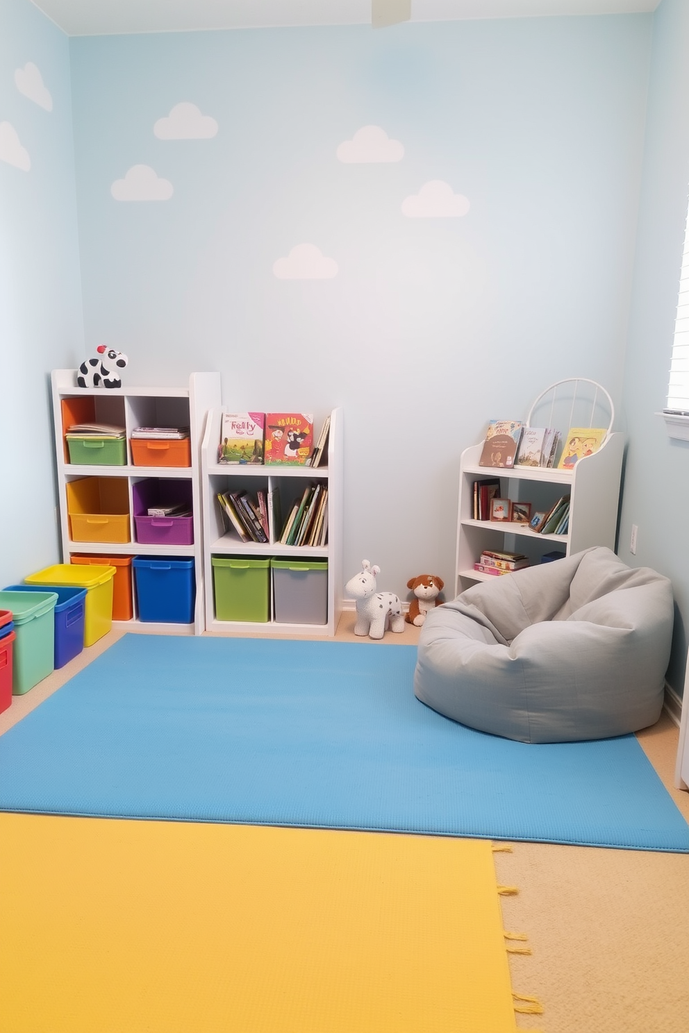 A soft blue play mat covers the floor, providing a safe and comfortable space for children to play. The walls are painted in a light pastel blue, adorned with playful wall decals of clouds and animals. Colorful storage bins are neatly arranged in the corner, offering a tidy solution for toys and books. A cozy reading nook features a small bookshelf filled with children's books and a plush bean bag chair for lounging.