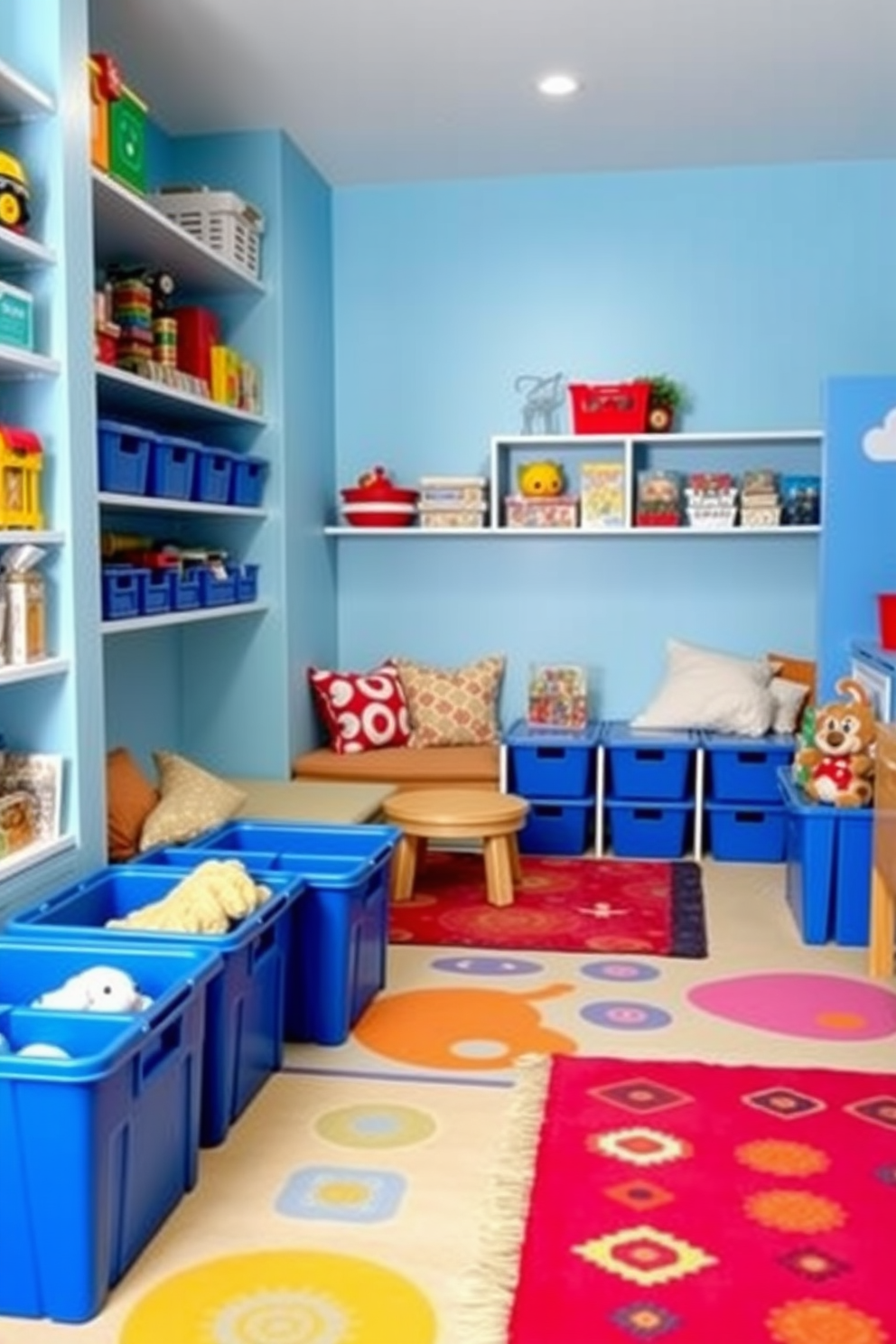 A vibrant playroom filled with blue storage bins for easy access. The walls are painted in a cheerful light blue, and colorful rugs cover the floor to create a cozy atmosphere. In one corner, a soft seating area features plush cushions and a small table for creative activities. Shelves are lined with toys and books, making the space both fun and functional.