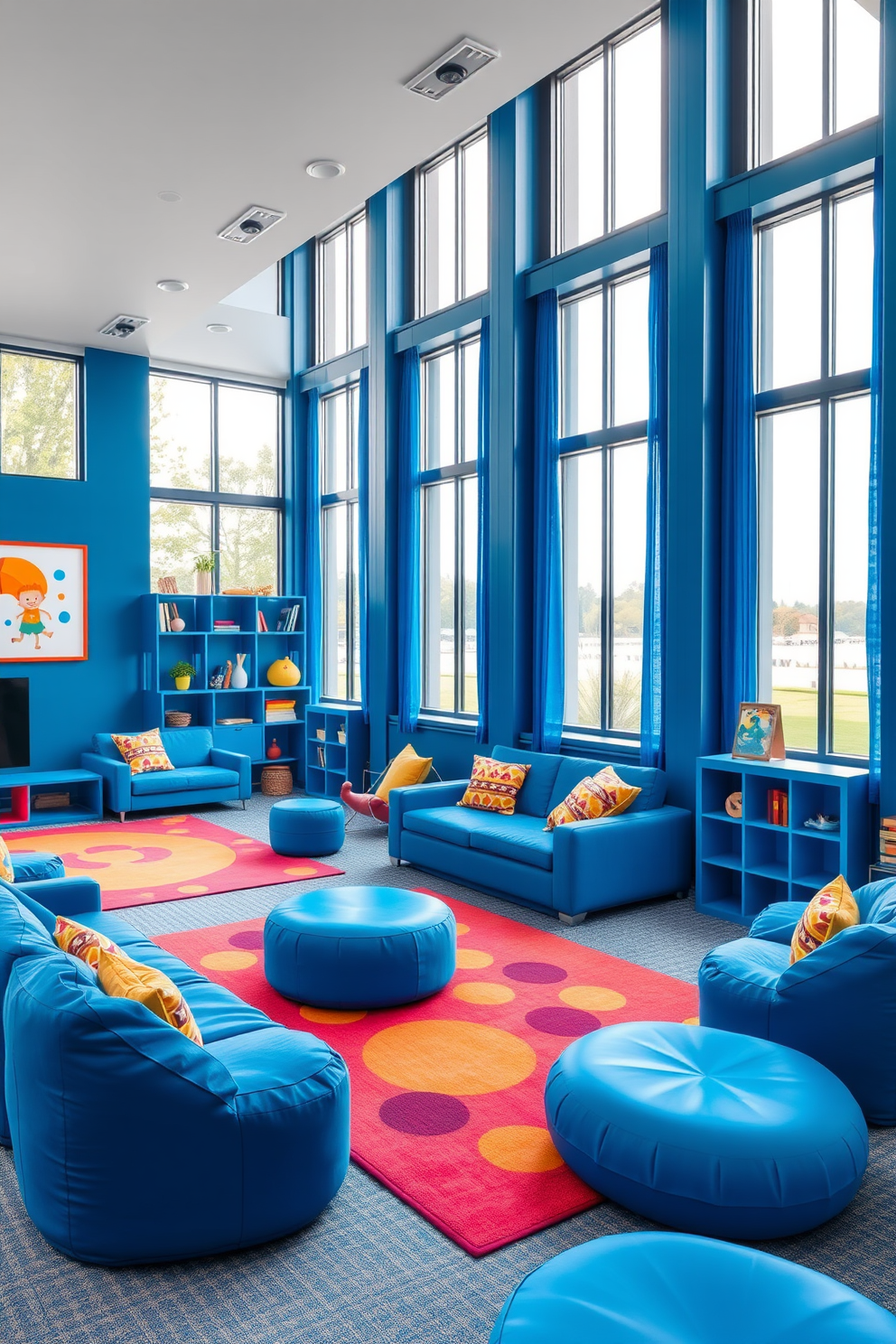 A modern playroom featuring sleek blue furniture that combines style and functionality. The room is filled with a variety of blue seating options, including a low sofa and bean bags, creating a cozy and inviting atmosphere. Brightly colored rugs and playful wall art complement the blue furniture, adding a touch of whimsy to the space. Large windows allow natural light to flood in, enhancing the vibrant colors and creating an uplifting environment for children to play and learn.