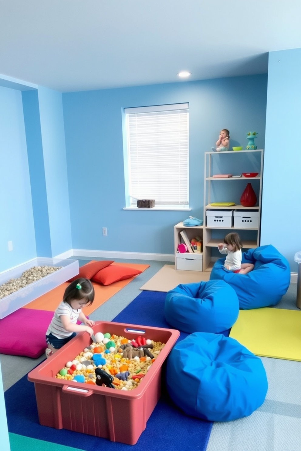 A serene blue-themed sensory play area designed for exploration. The walls are painted in a soft sky blue, while colorful mats and cushions provide comfort for children as they engage in various activities. Interactive sensory bins filled with textured materials are placed throughout the space. A cozy reading nook with blue bean bags invites quiet time and imaginative play.