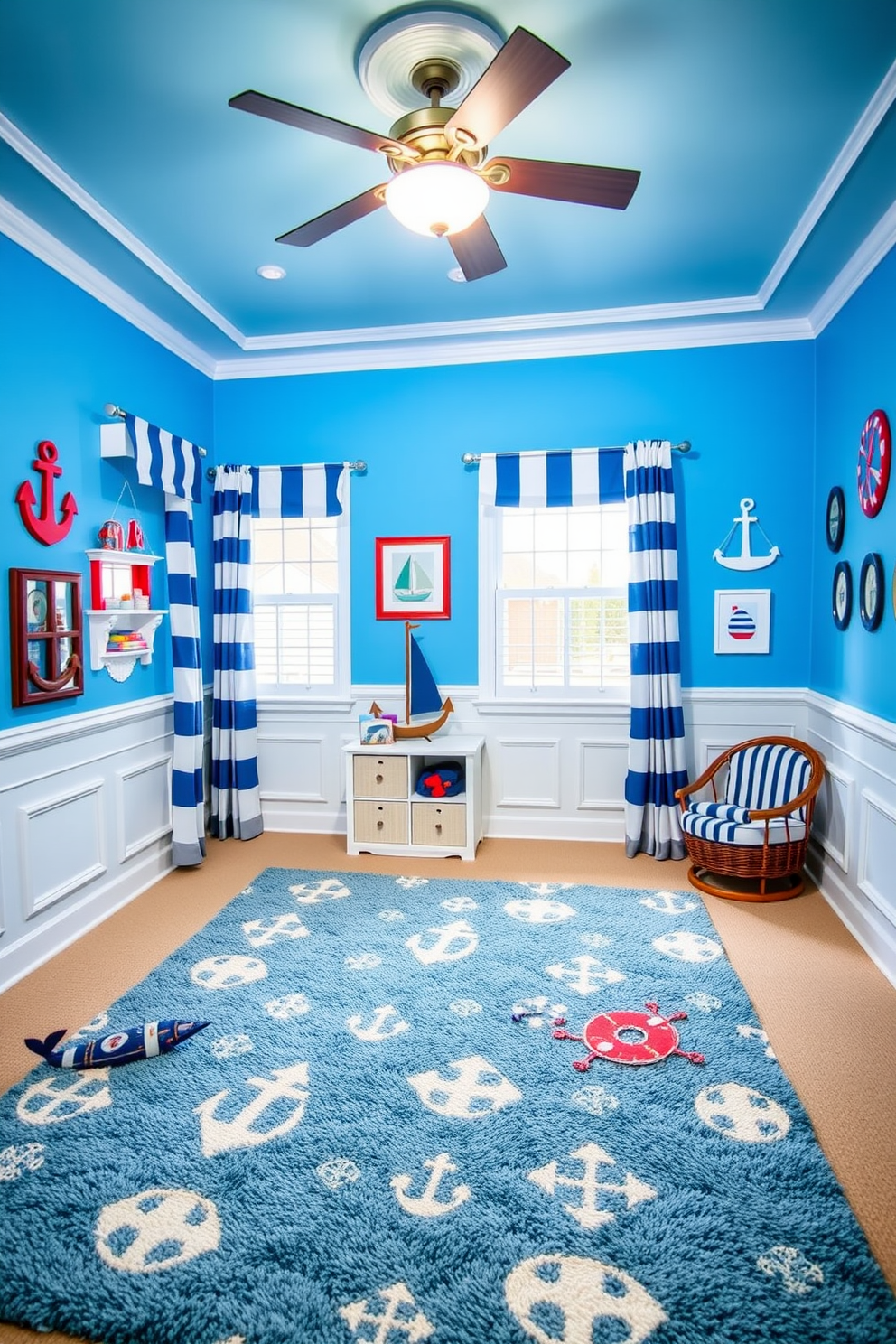 A playful blue playroom filled with nautical elements creates a cheerful atmosphere. The walls are painted in a soft blue, complemented by white wainscoting that adds a classic touch. A large, plush area rug features a whimsical ocean pattern, providing a soft space for play. Nautical-themed decor, such as anchors and sailboats, adorns the walls, while blue and white striped curtains frame the windows.