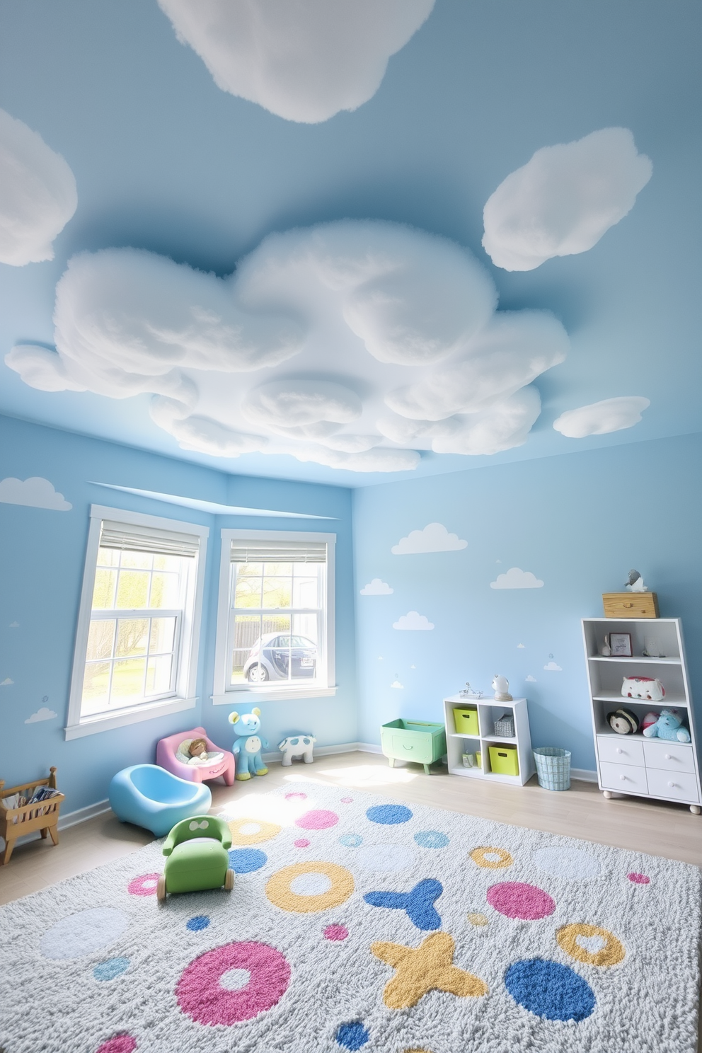 A whimsical playroom featuring a cloud ceiling painted in soft blue hues. The walls are adorned with playful wall decals and the floor is covered with a plush, colorful rug.