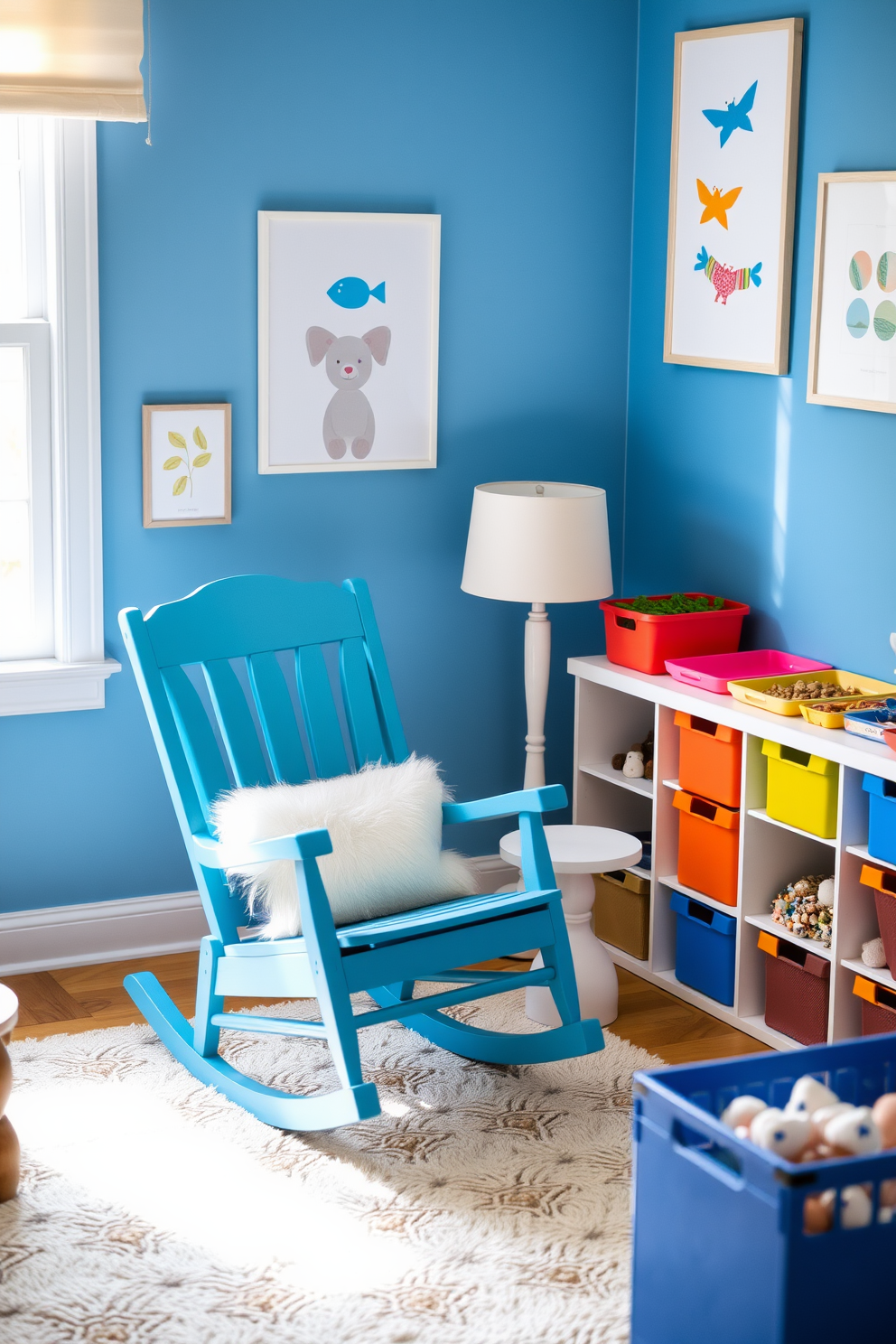 A charming blue rocking chair is positioned in a cozy corner, surrounded by soft, fluffy cushions and a small side table. Natural light floods the space through a nearby window, highlighting the chair's inviting design and creating a serene atmosphere. The playroom is designed with vibrant blue accents, featuring playful wall art and colorful storage bins. A soft area rug covers the floor, providing a safe and comfortable space for children to play and explore their creativity.